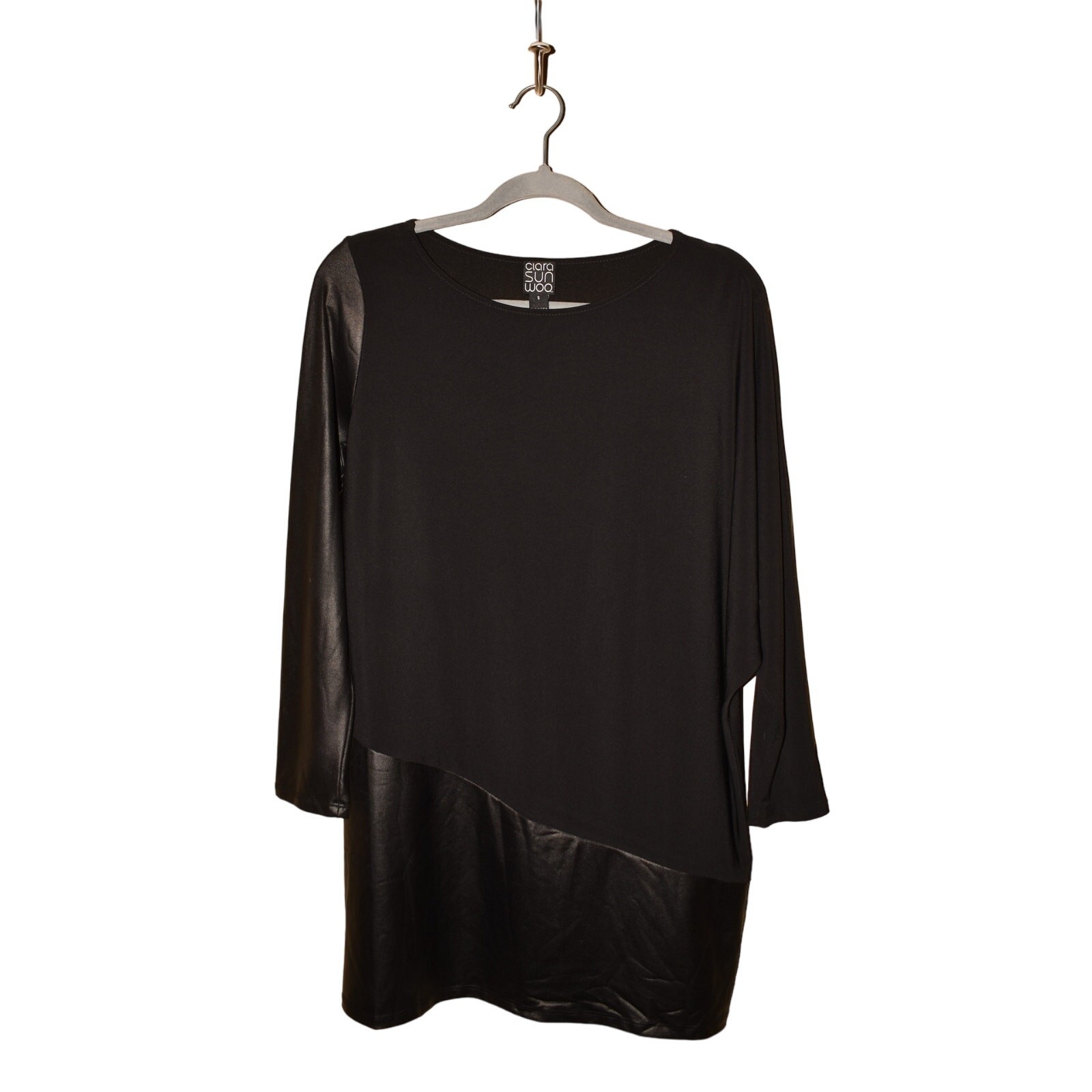 CLARA SUN WOO $79 Faux Leather Jersey Knit Dolman Sleeve Tunic Black Small