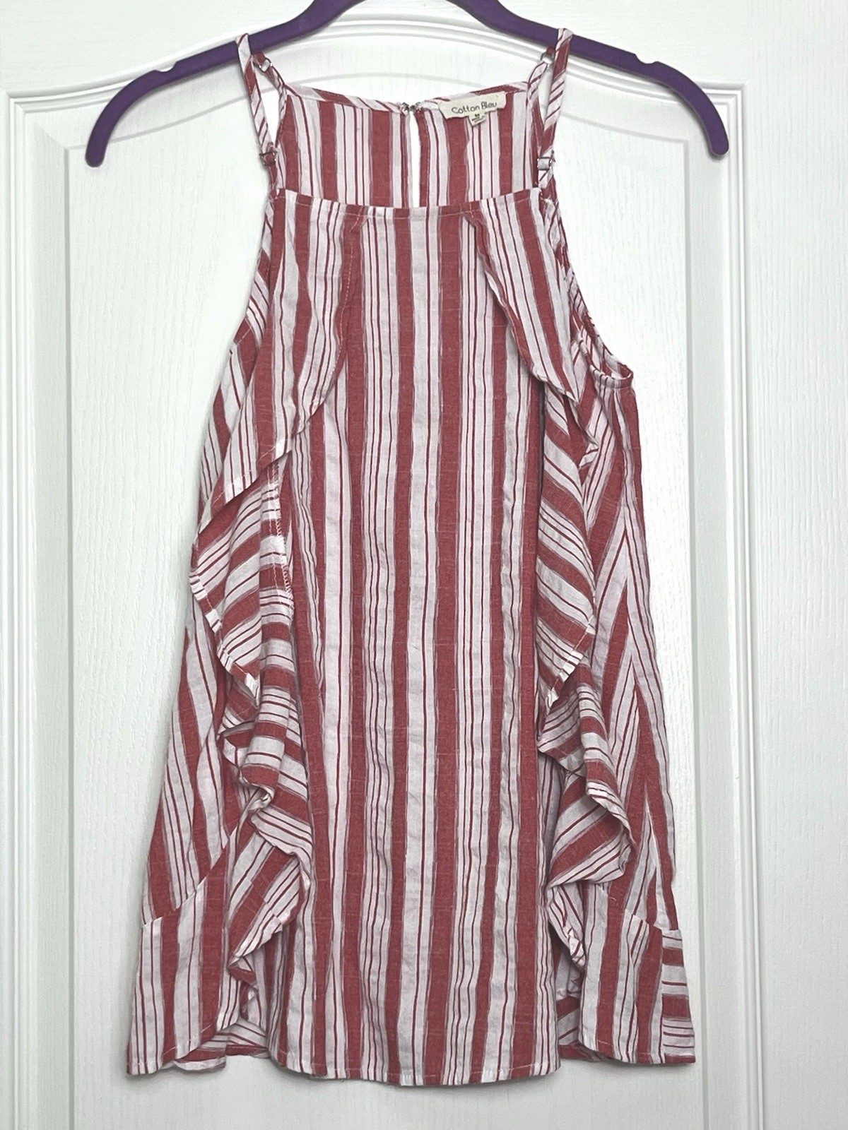 Cotton Bleu Orange White Stripe Ruffle Top Sz M High Neck Sleeveless 100% Cotton
