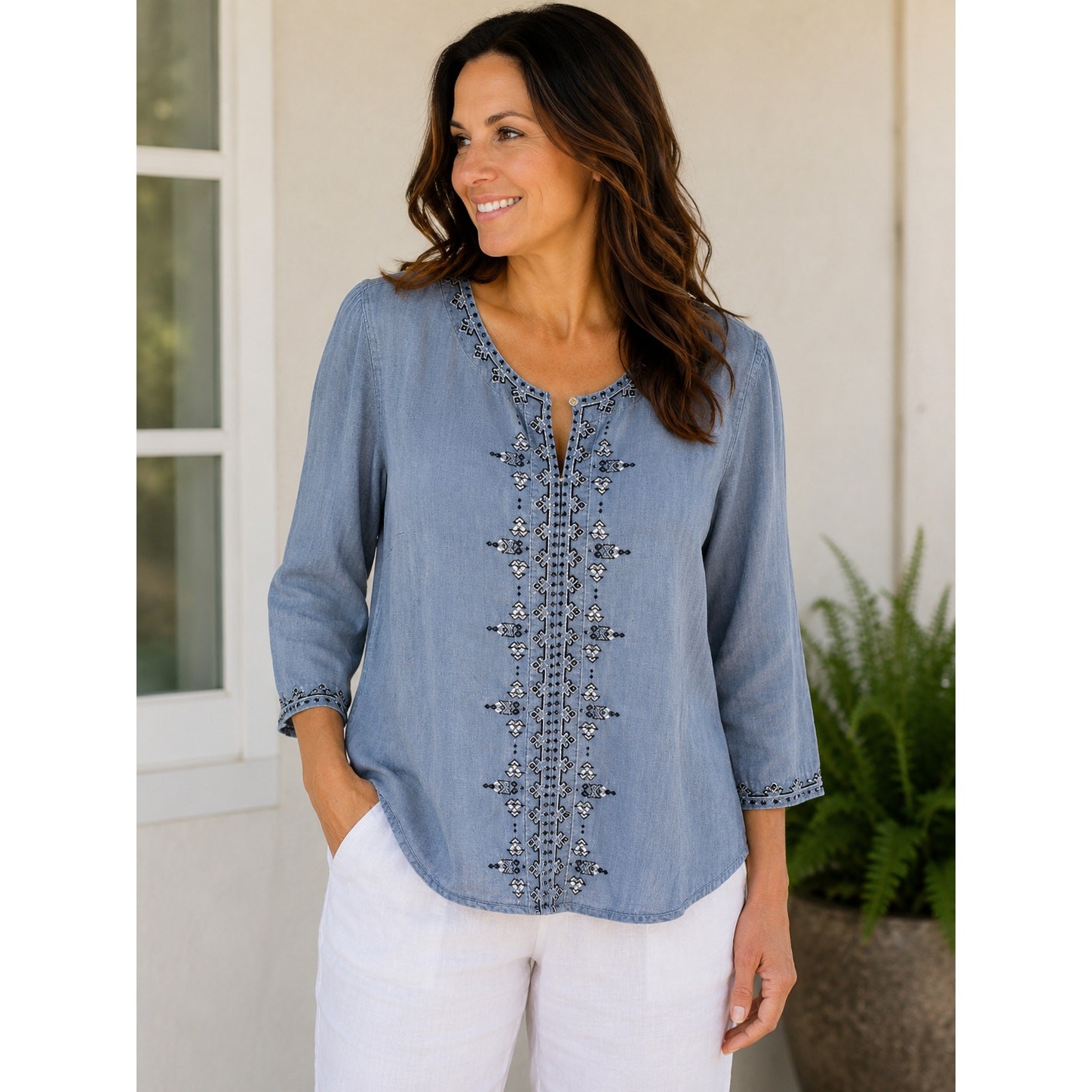Title: J.Jill Denim Tencel Lyocell Embroidered Chambray Top Women’s Medium Blue