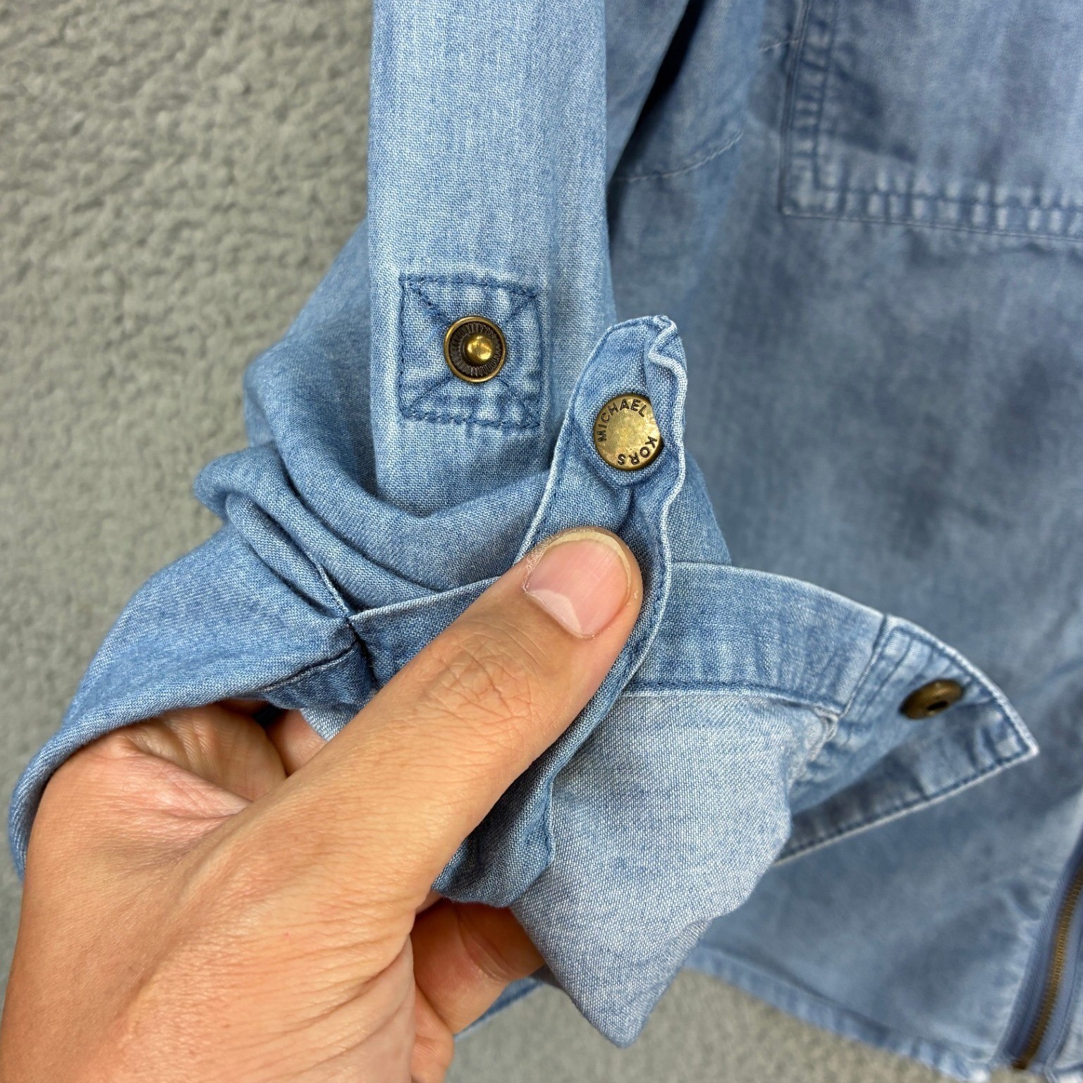 Michael Kors Zip Front Denim Shirt Womens Petite Medium Blue Chambray Shacket