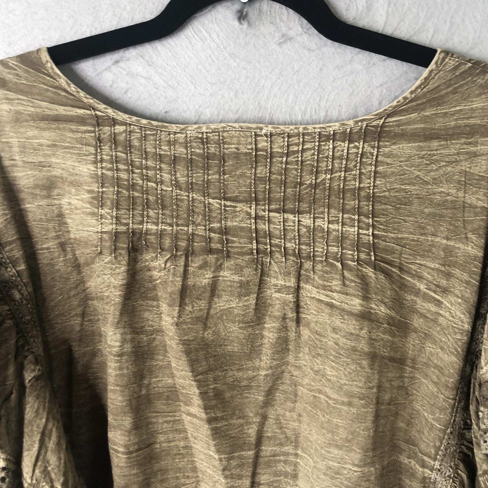 Paper Lace Blouse Womens 1XL Brown Embroidered Boho Festival Grunge Lagenlook