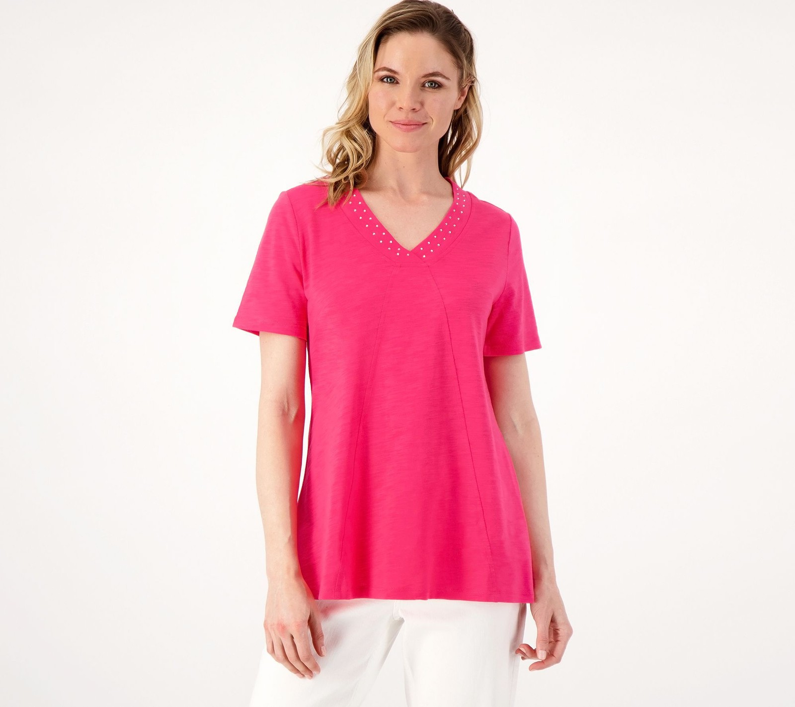Quacker Factory Women’s Top Sz L Rhinestuds Embellished Short Sleeve Pink