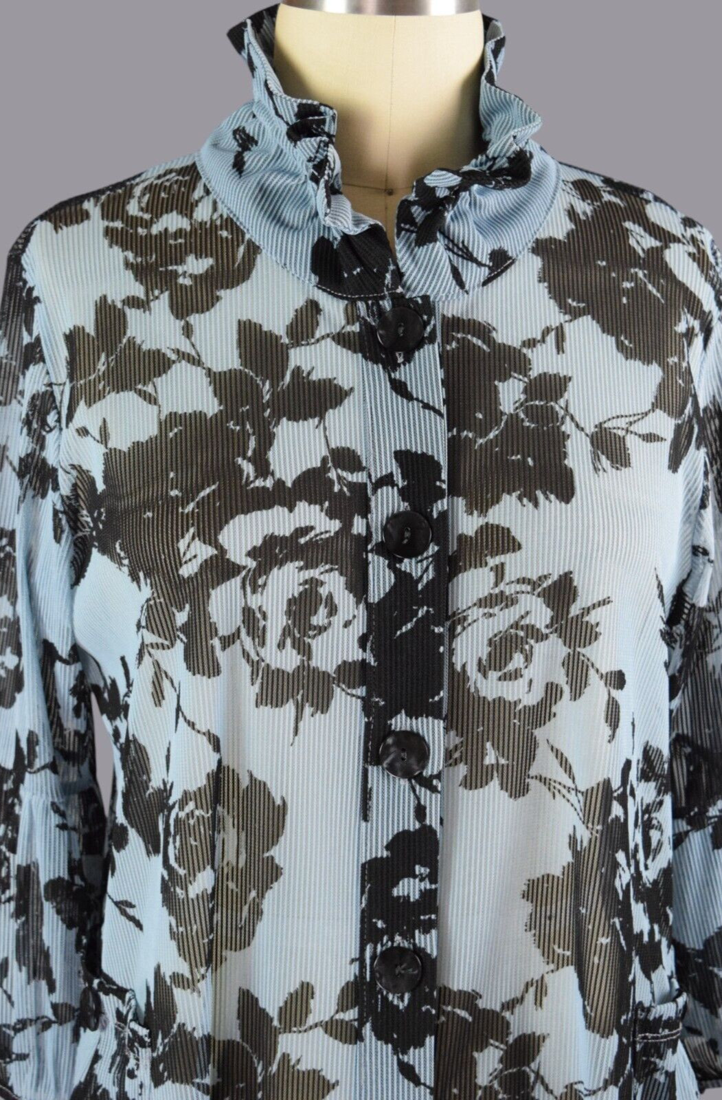 TERRA SJ Apparel Floral Wire Stand Up Ruffle Collar Blue Black Blouse Top Size M