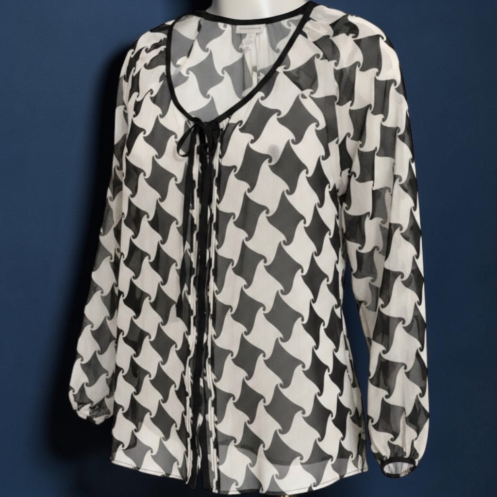 Charter Club Sheer Blouse Black White Harlequin Geo Print Tie Neck Top XL