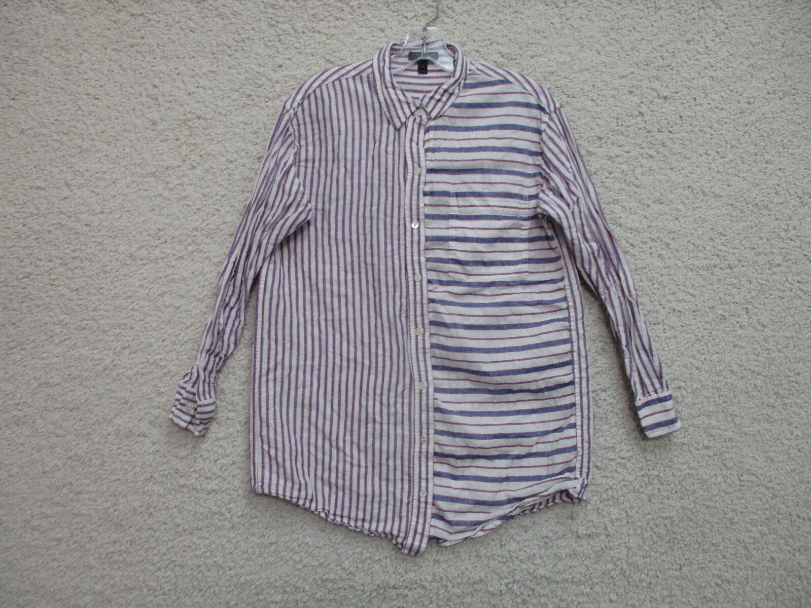 J Crew Button Up Shirt Small Adult Purple Block Striped Linen Pocket Loose Women