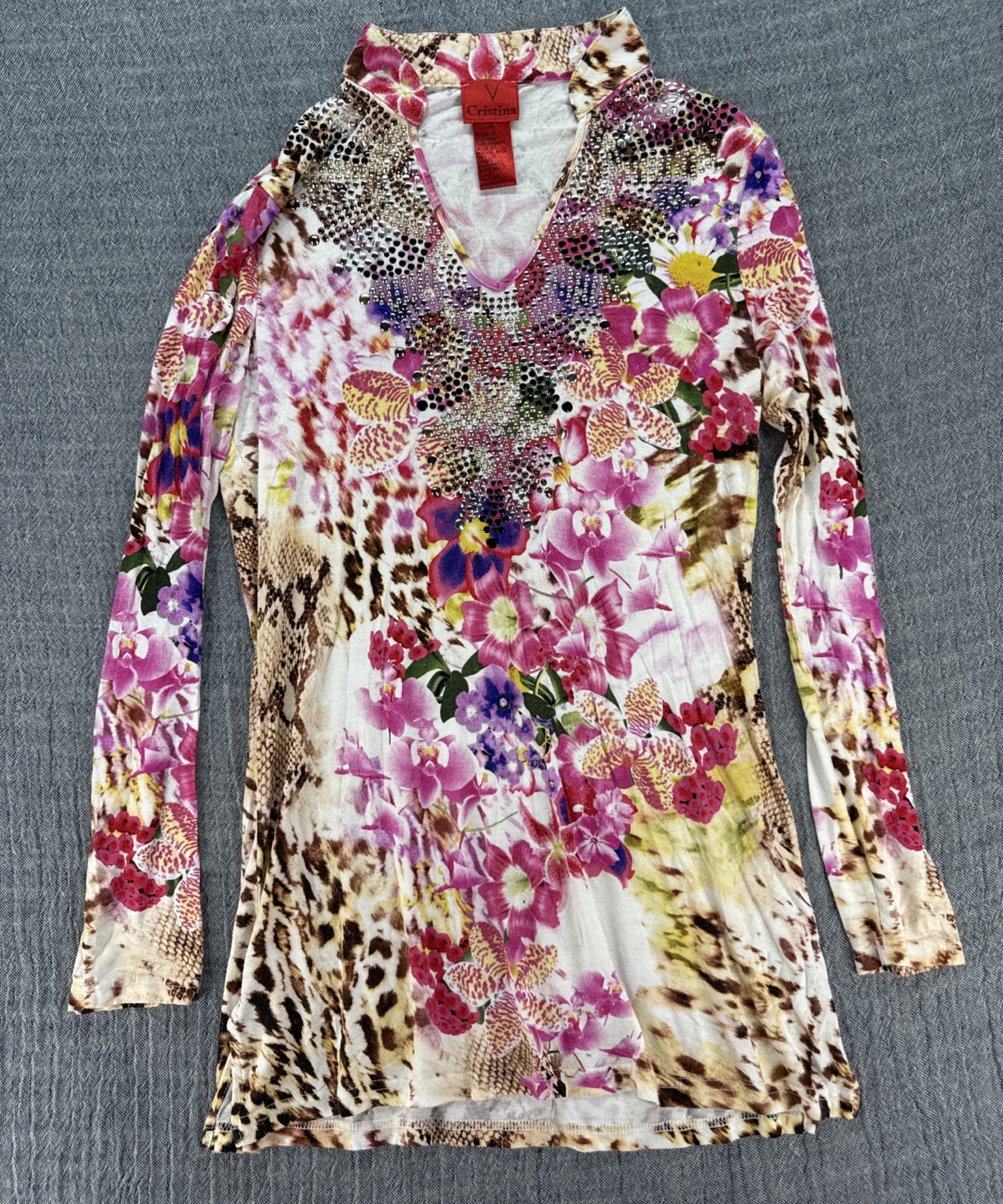 V Cristina Colorful Rhinestone Embellished Tunic Top Long Sleeve Size Medium M
