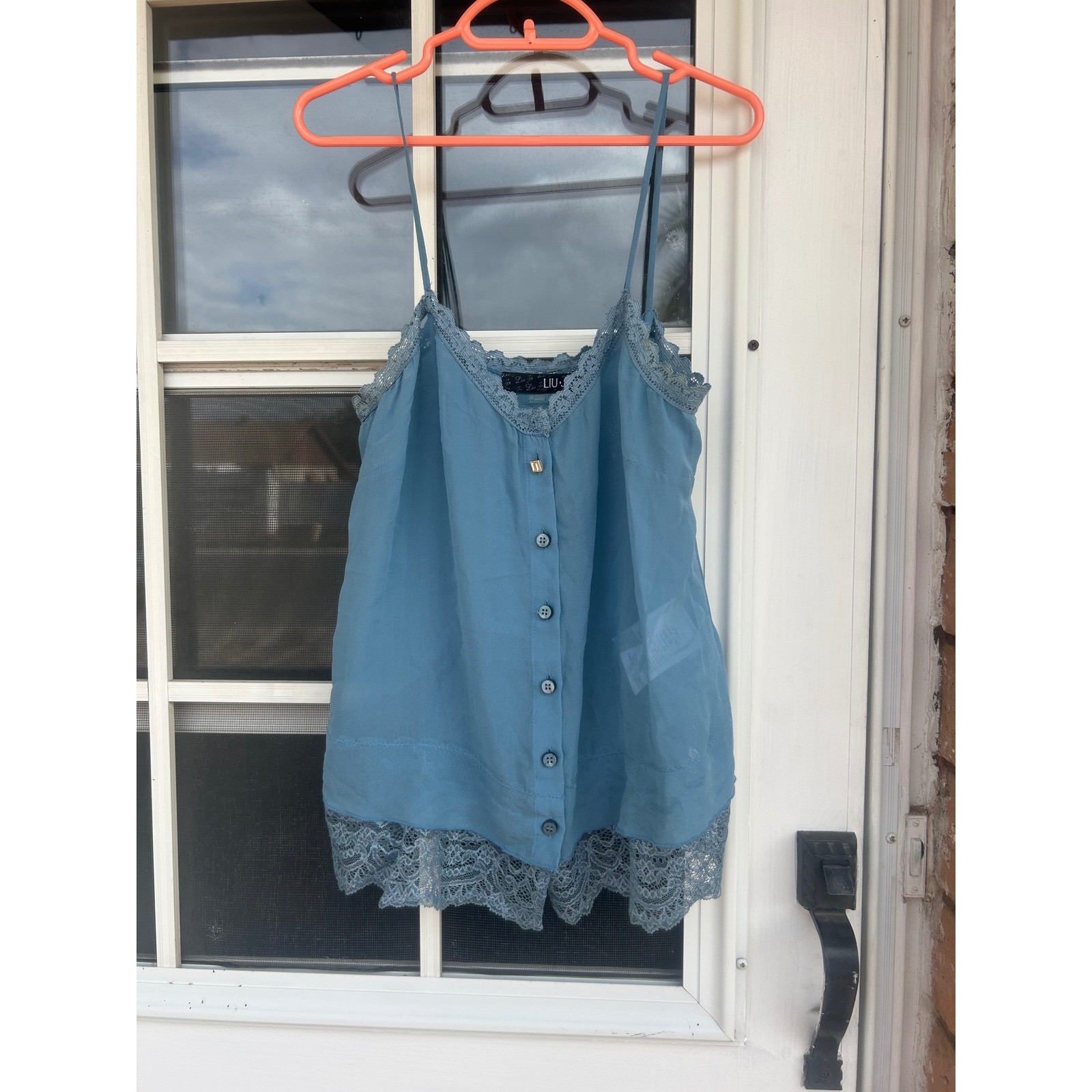 Liu Jo Blue 100% Silk Lace Trim Button Front Camisole Top Size 38 Coquette Fairy