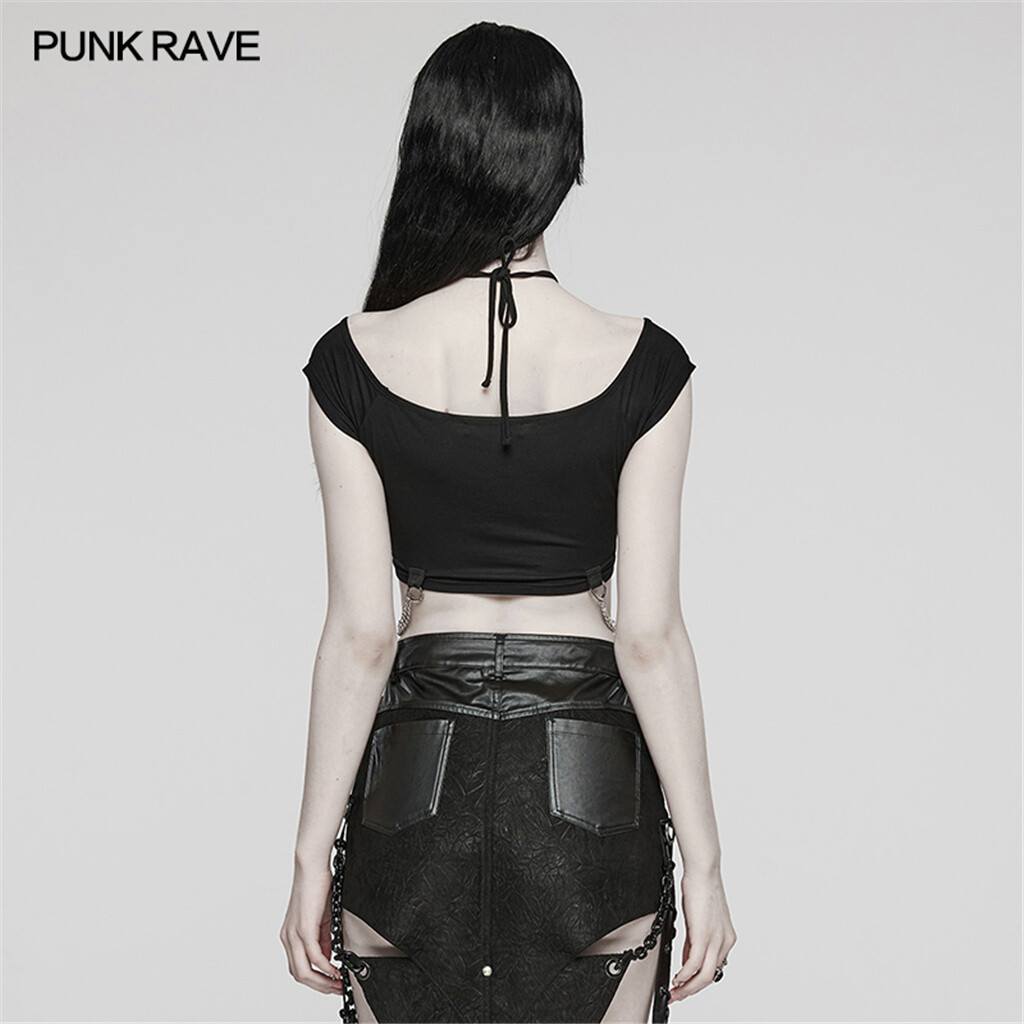 PUNK RAVE Women’s Punk Front Metal Rings T-shirt Gothic Daily Sexy Black Tops