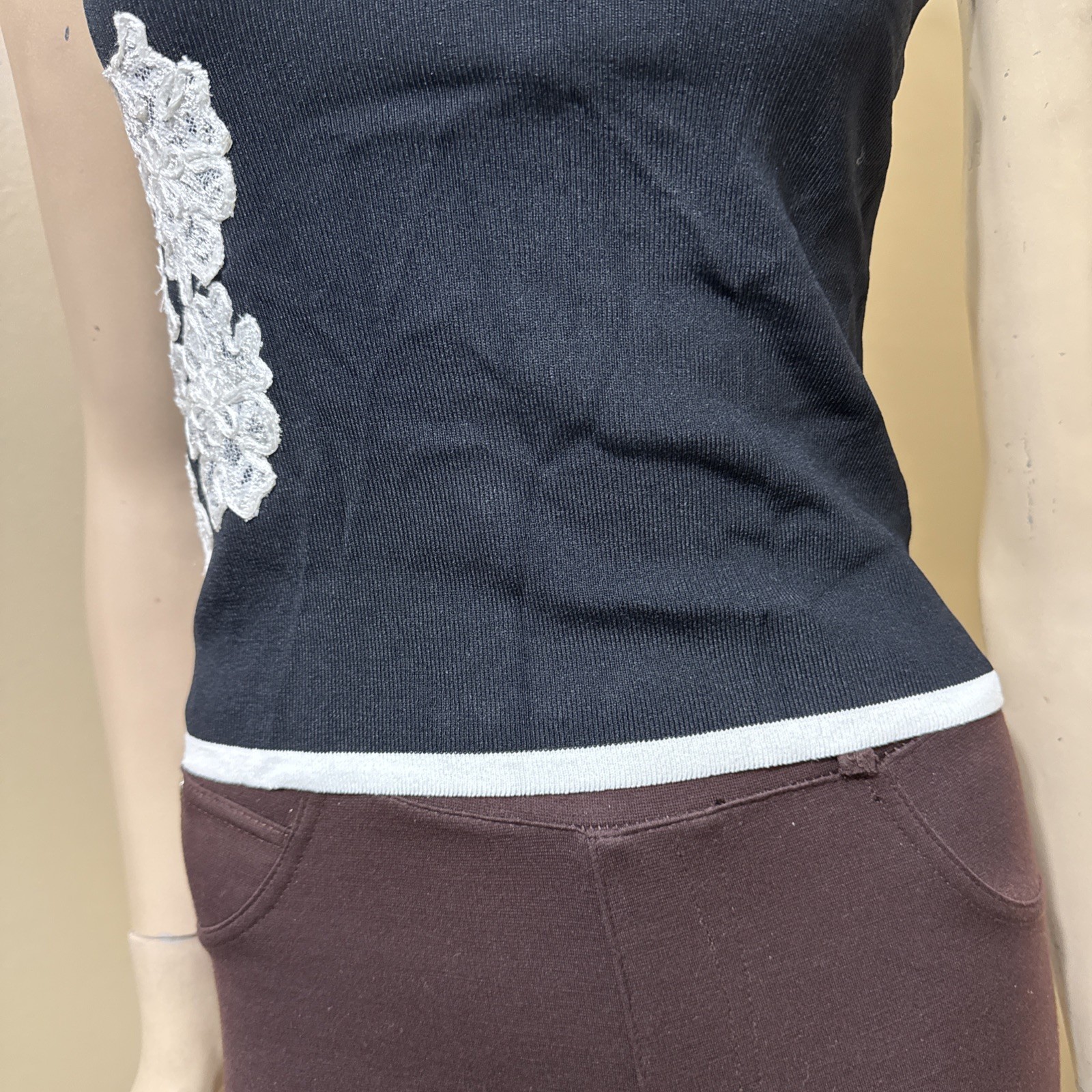 Women’s Black Rayon Casual Summer Open Stretch Slim Lace Hook Size M Blouse Top