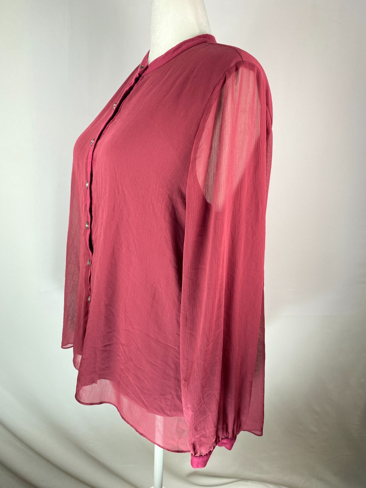 Soft Surroundings Sz XL Toggle Buttons Burgundy Sheer Overlay Blouse High Low