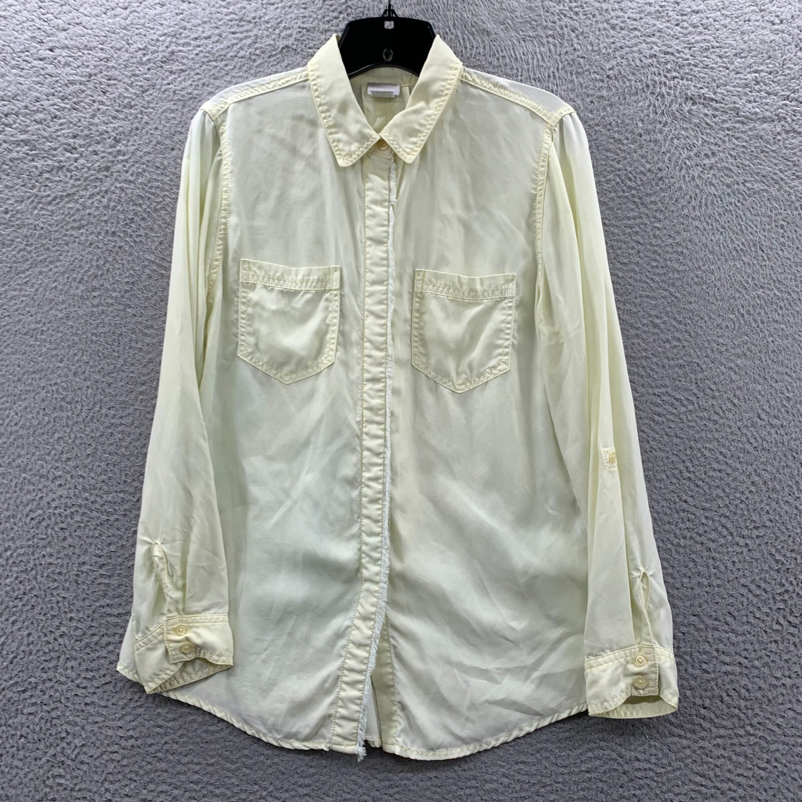 CHICOS Shirt Womens Size 1 Medium Button Up Blouse Top Long Sleeve Sheer Yellow*