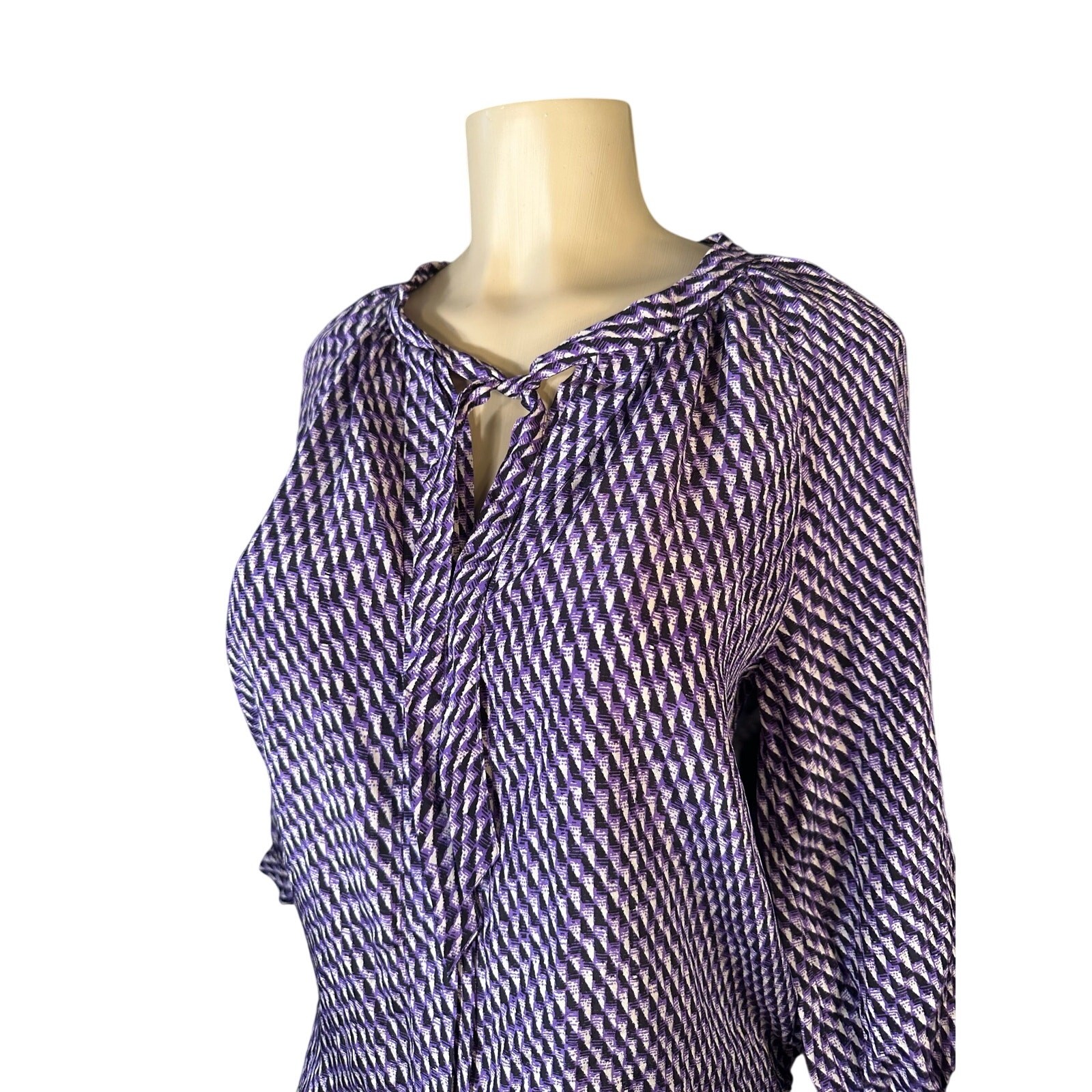 Women XS Joie Sofina Blouse Purple Black Printed Tie Neck Shirt Top Work Career