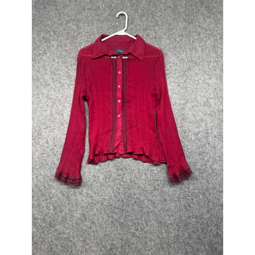 RAG Burgundy Red Pleated Lace Trim Button Front Long Sleeve Top Womens Large