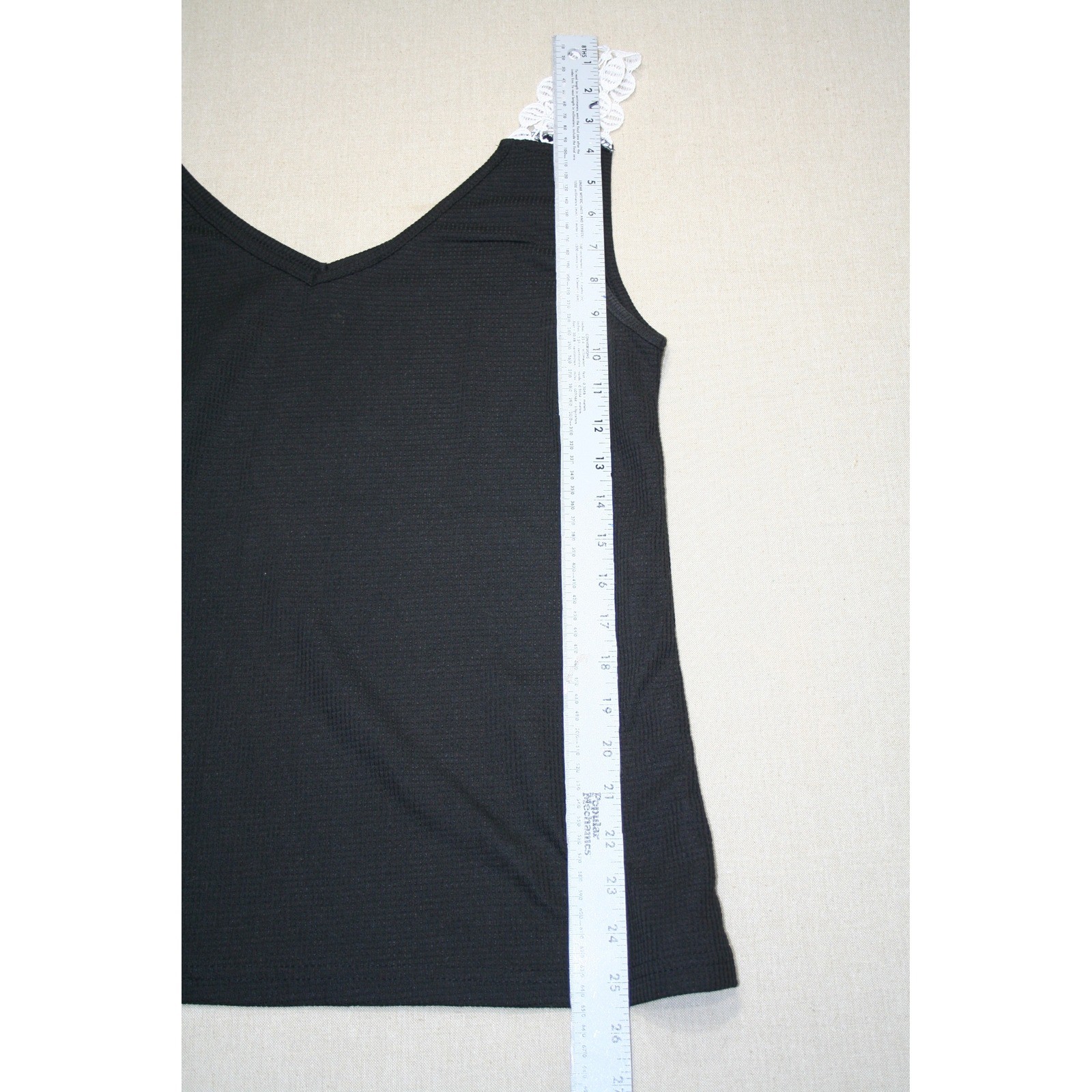Waffle Knit V-Neck Tank Top Black White Lace Straps Sleeveless Cami Small