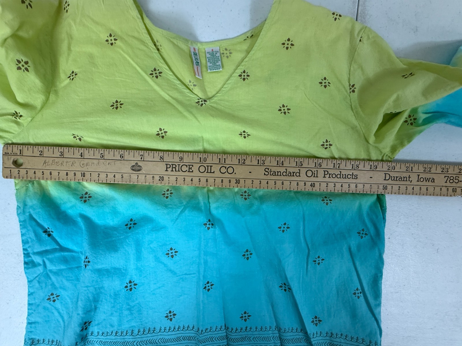 Boho Hippie Top S India Cotton Ombre Geen Blue bells on sleeve v neck