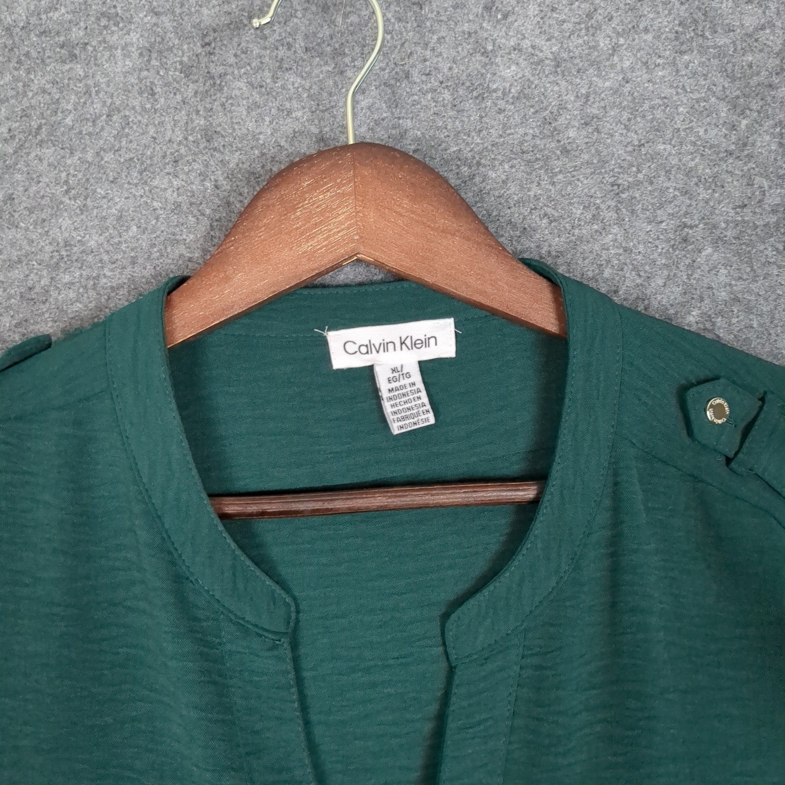 Calvin Klein Womens XL Dark Green Roll Tab Sleeve Utility Button Up Blouse Shirt