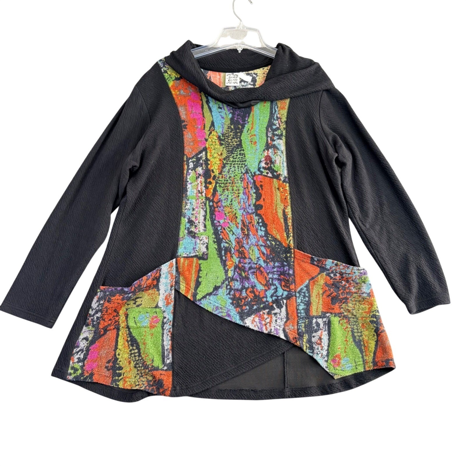 Parsley & Sage Womens L Black Cowl Neck Knit Tunic Top Abstract Pockets **Hole