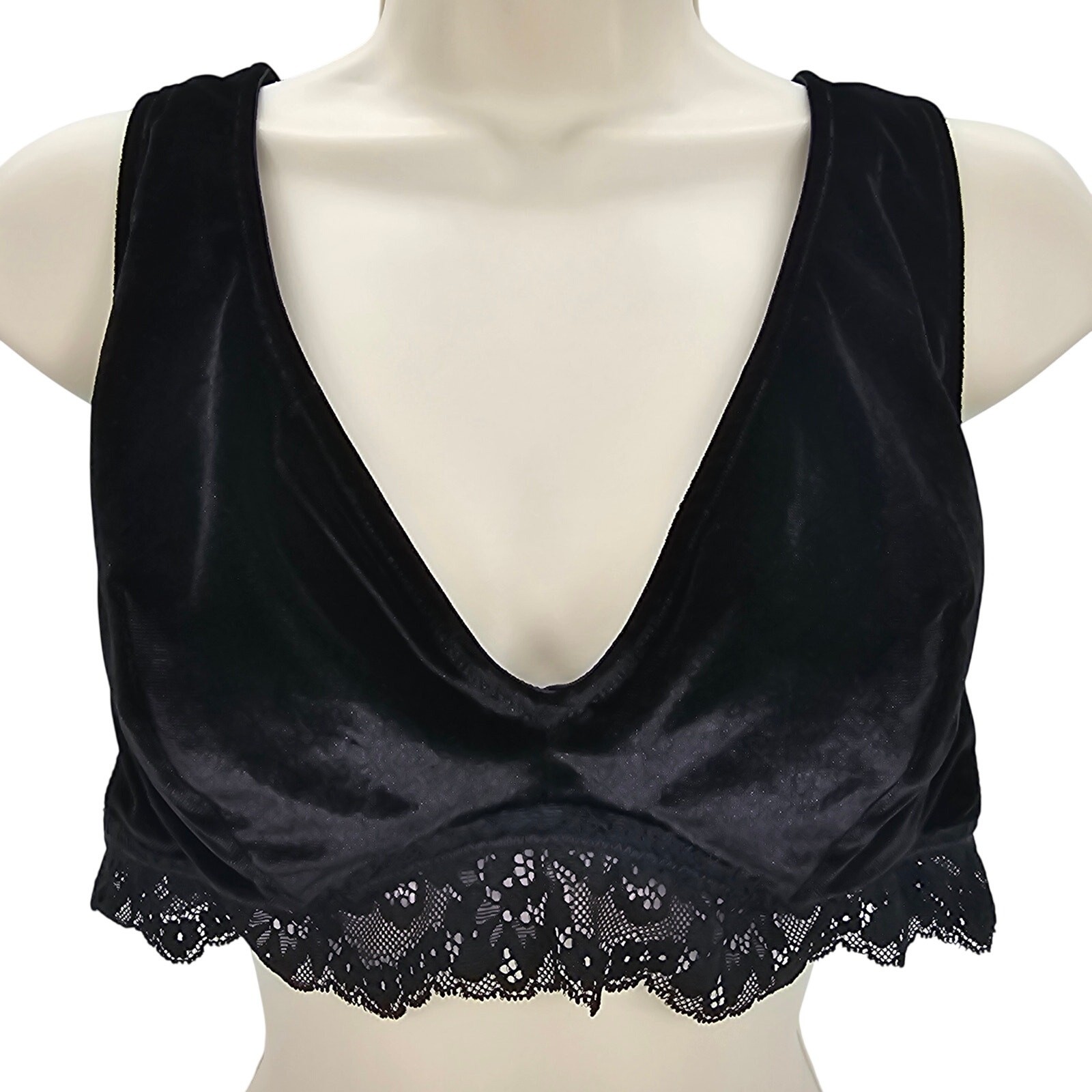 Auden Womans size L Velvet and Lace V-Neck Plunge Wireless Bralette V-Back Black