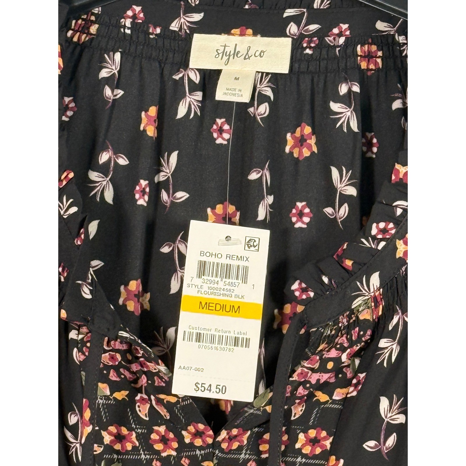 Style & Co Boho Remix Floral Split Neck Blouse Black Medium 100024562 NEW