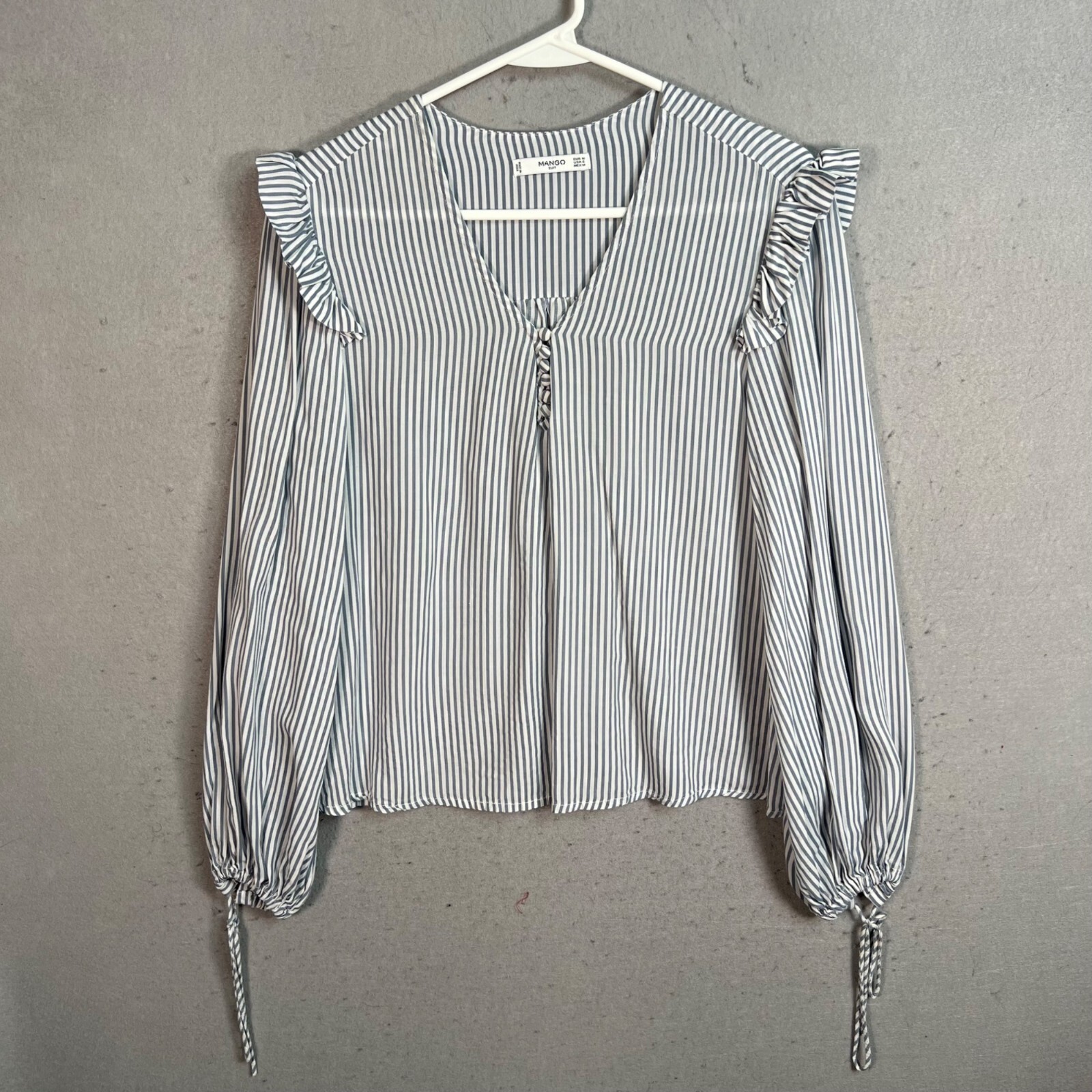 Mango Blue & White Stripe Long Sleeve Blouse Medium Ruffle Details & Tie Cuff