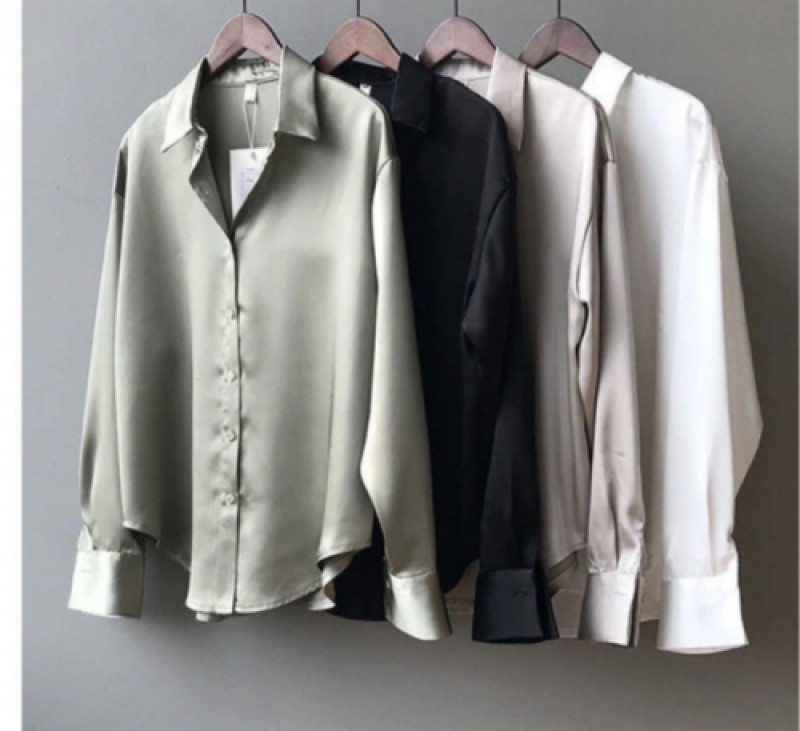 Women Autumn Fashion Button Up Satin Silk Shirt Vintage Blouse White Long Sleeve