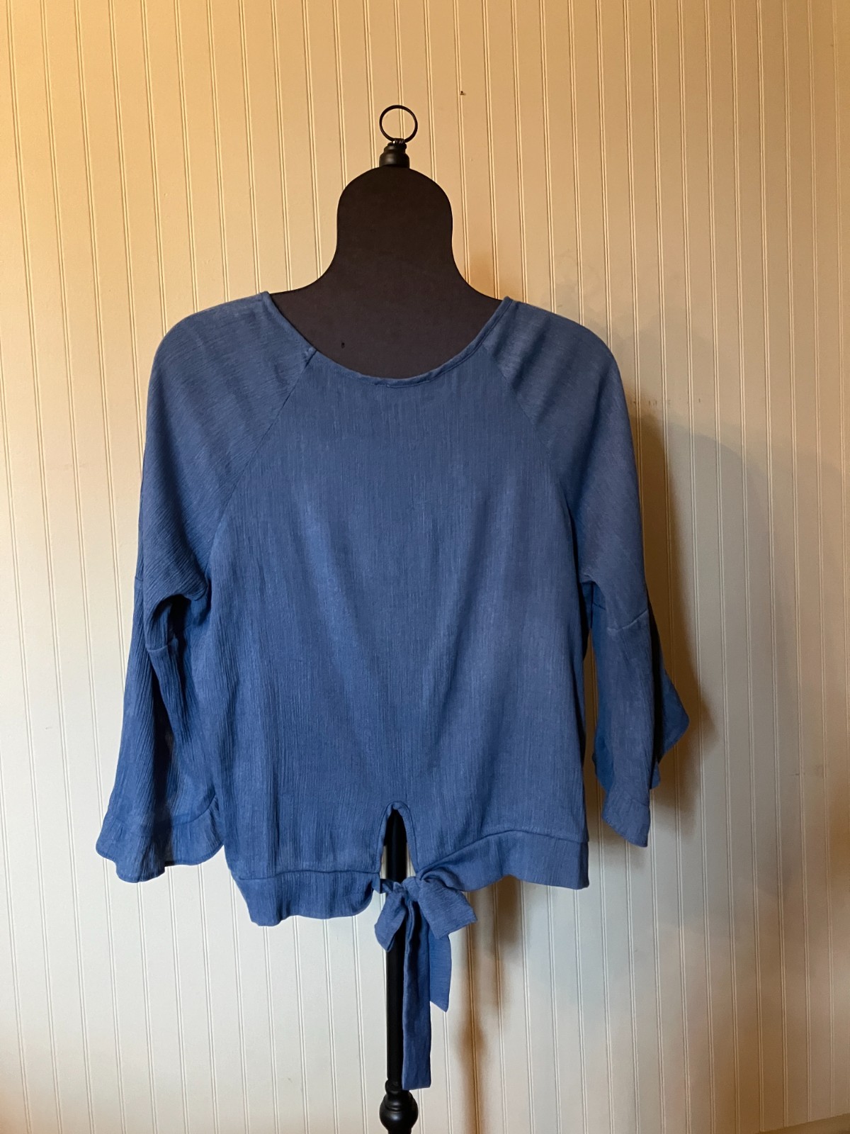 Moa Moa ~Denim Blue~3/4 Tulip Bell SLV~BOHO/Festival Crinkle Blouse ~Back Tie~XL