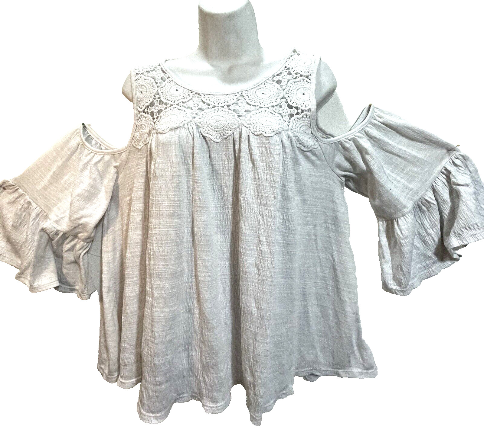 Boho Cold Shoulder Full Top L/G (12-14) White Scoop Crochet Yoke Ruffled Sleeve