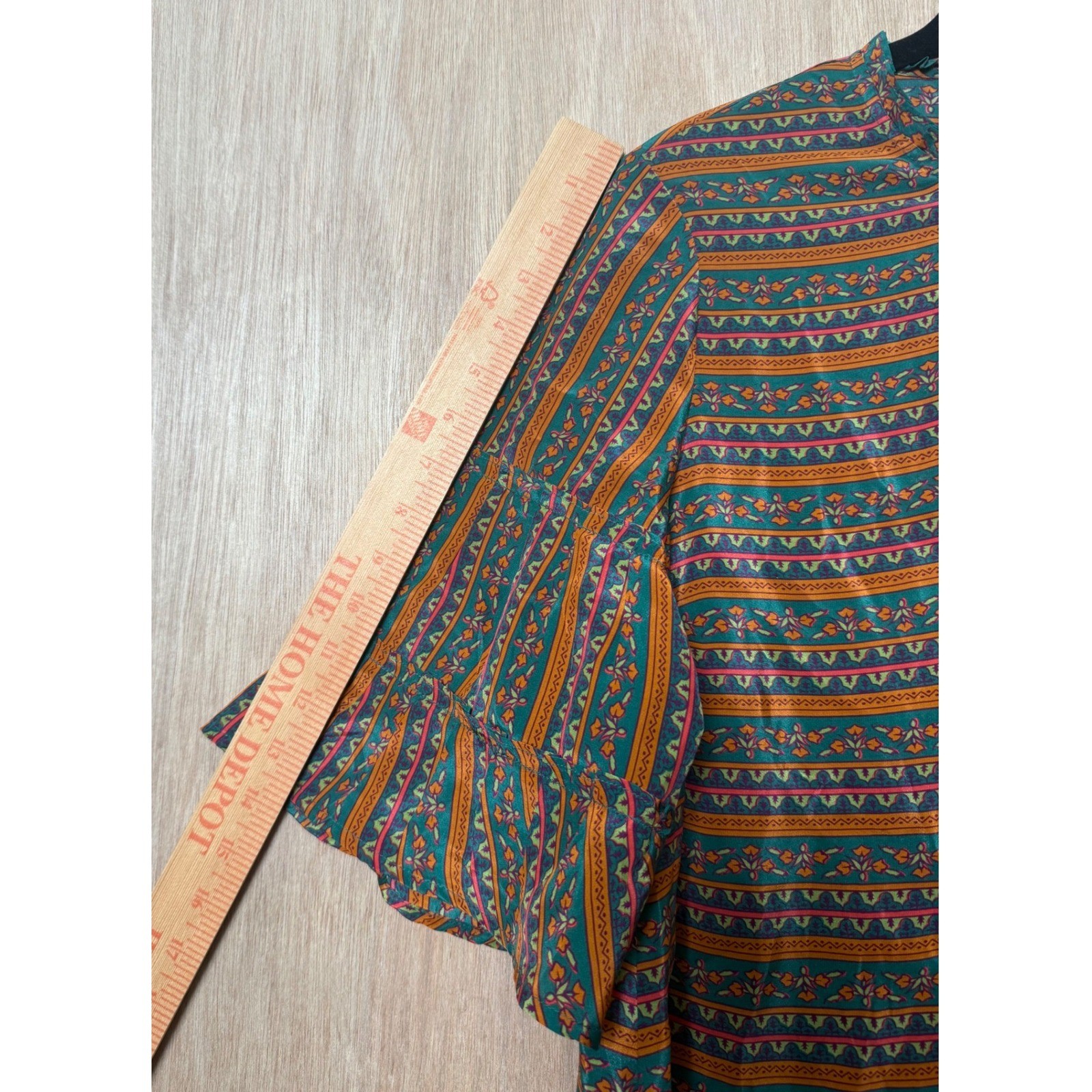 Sézane Ethel Blouse Havana Green Orange Stripes 100% Silk Top Size FR 38 US 6/M