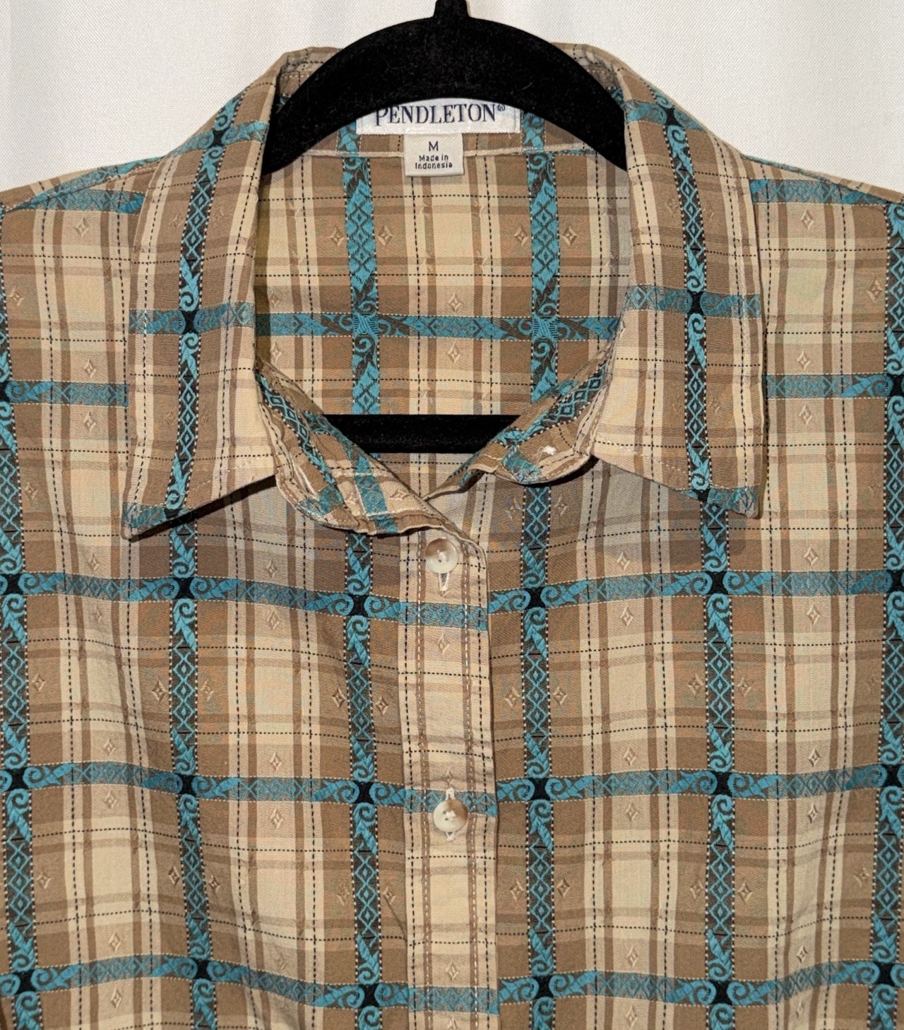 Pendleton Shirt Turquoise Blue Tan Brown Western Country Plaid Blouse Women’s M