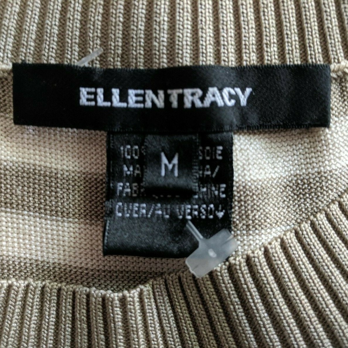 Ellen Tracy Womens Medium Tank Cami Shirt Top Silk Brown White Stripe Knit