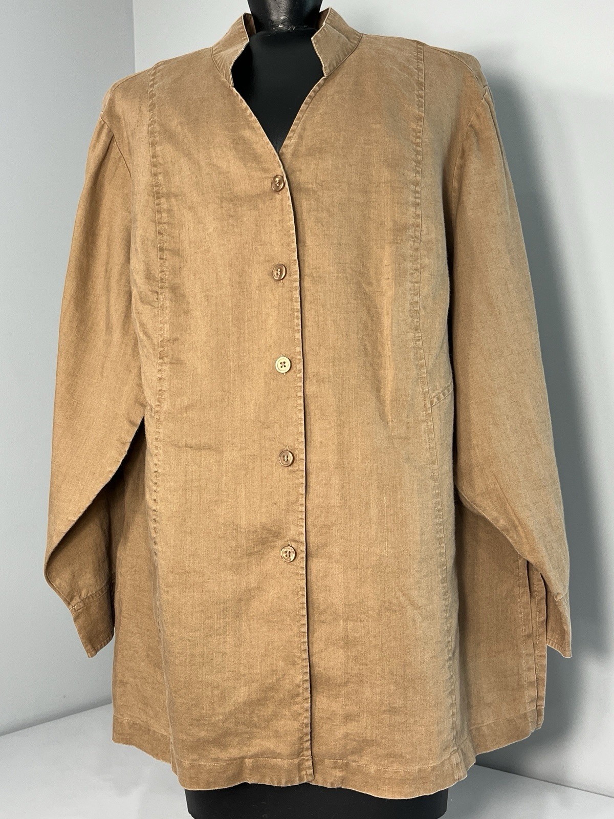 Toto N Ko Women Linen Button Shirt Sz 1X Brown Top Laganlook Asian Inspired Boxy