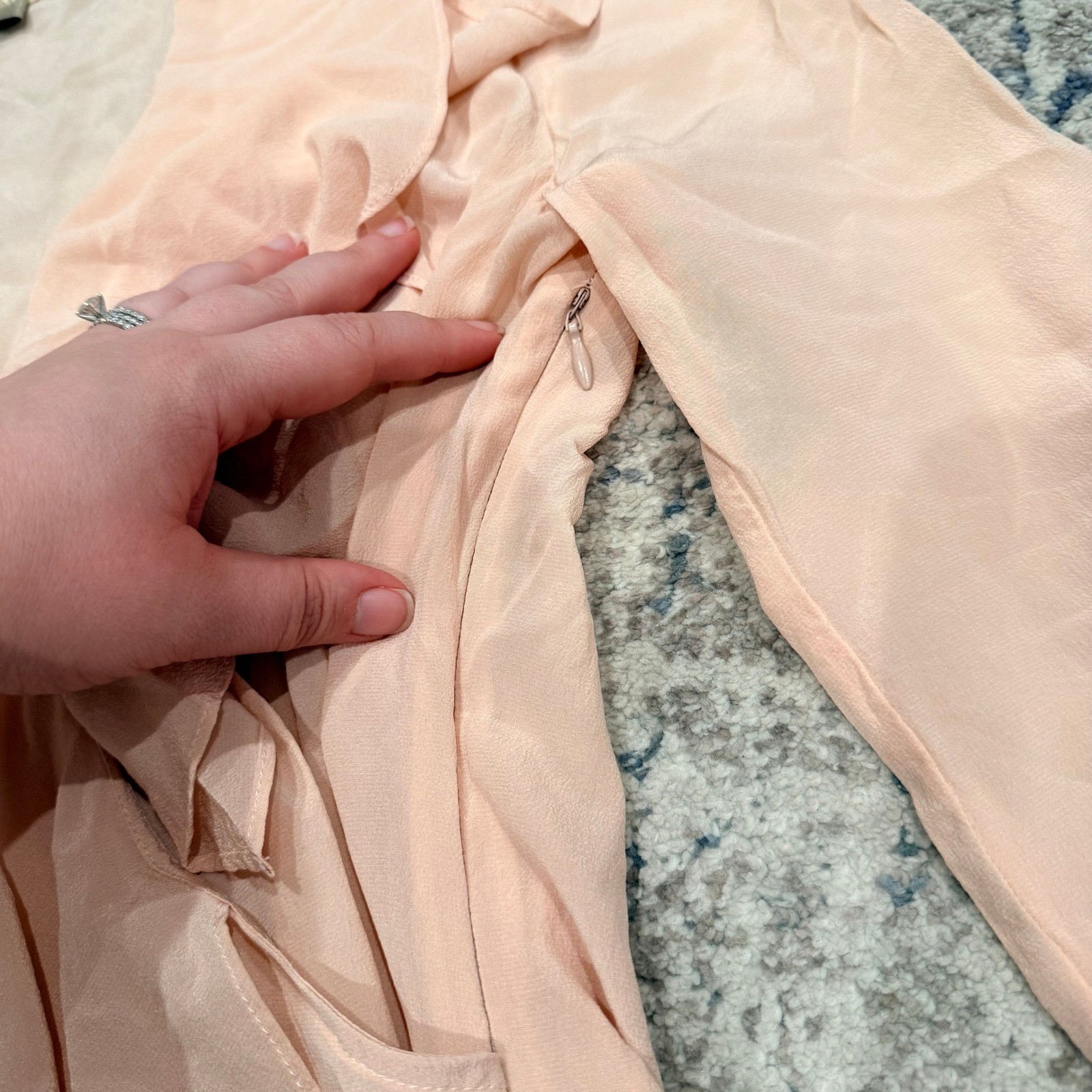 LIU JO Peach Pink Ruffle V-Neck Blouse Long Sleeve Side Zip Sheer Top Womens
