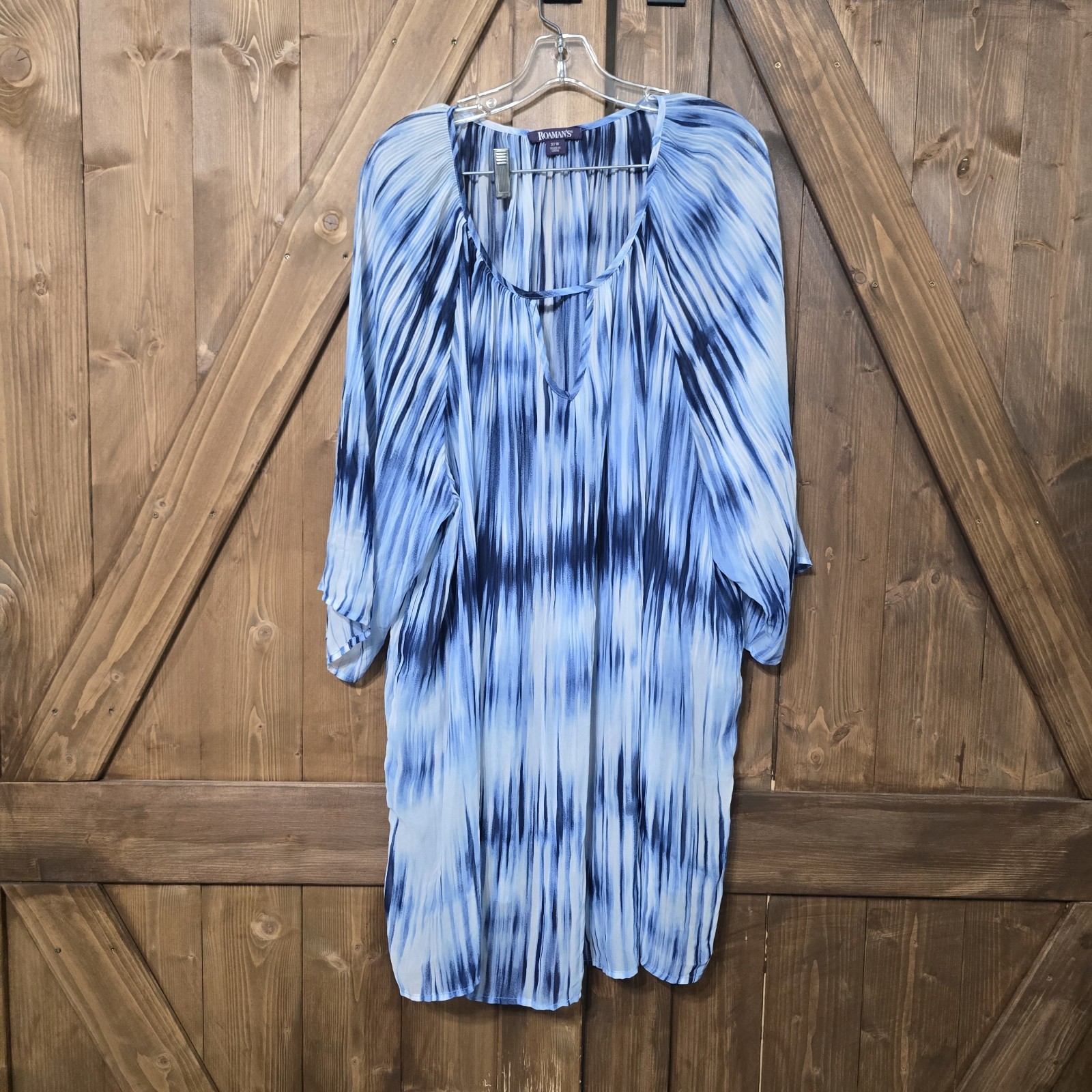 Roaman’s Women’s 32W Blue Abstract Sheer Overlay Tunic Dress Plus Size