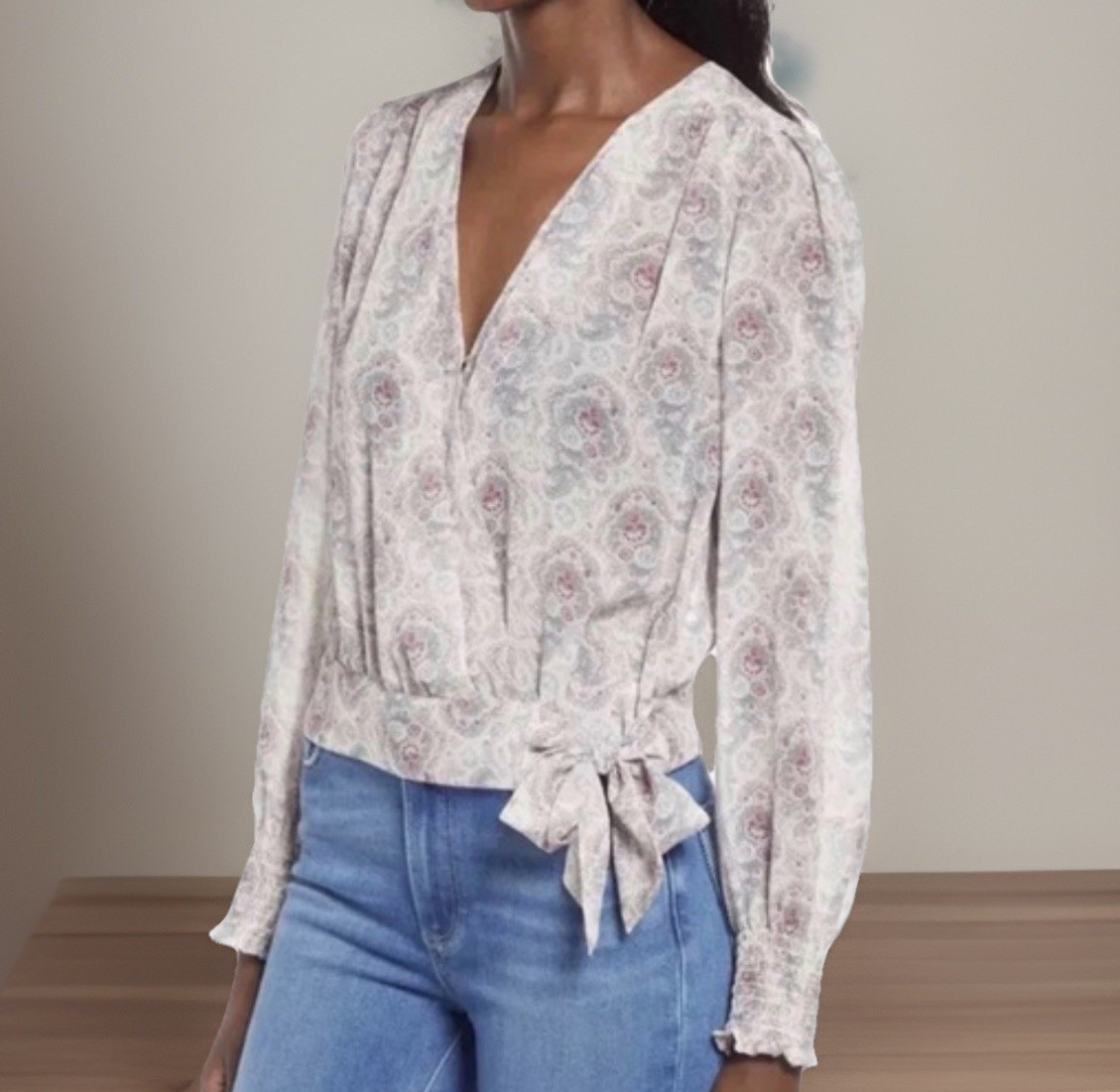 PAIGE Blouse Womens Small Ivory Pink Sheer Paisley Margherita Tie Waist Peasant
