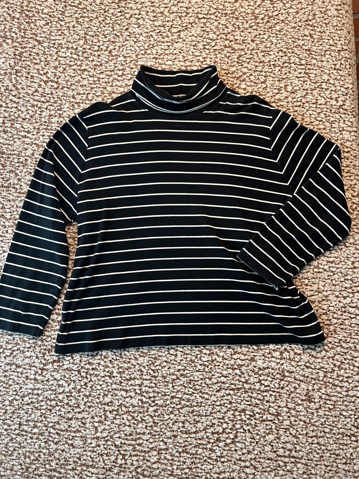 Jones New York Sport Black White Striped Knit Turtleneck Top Long Sleeve Cotton