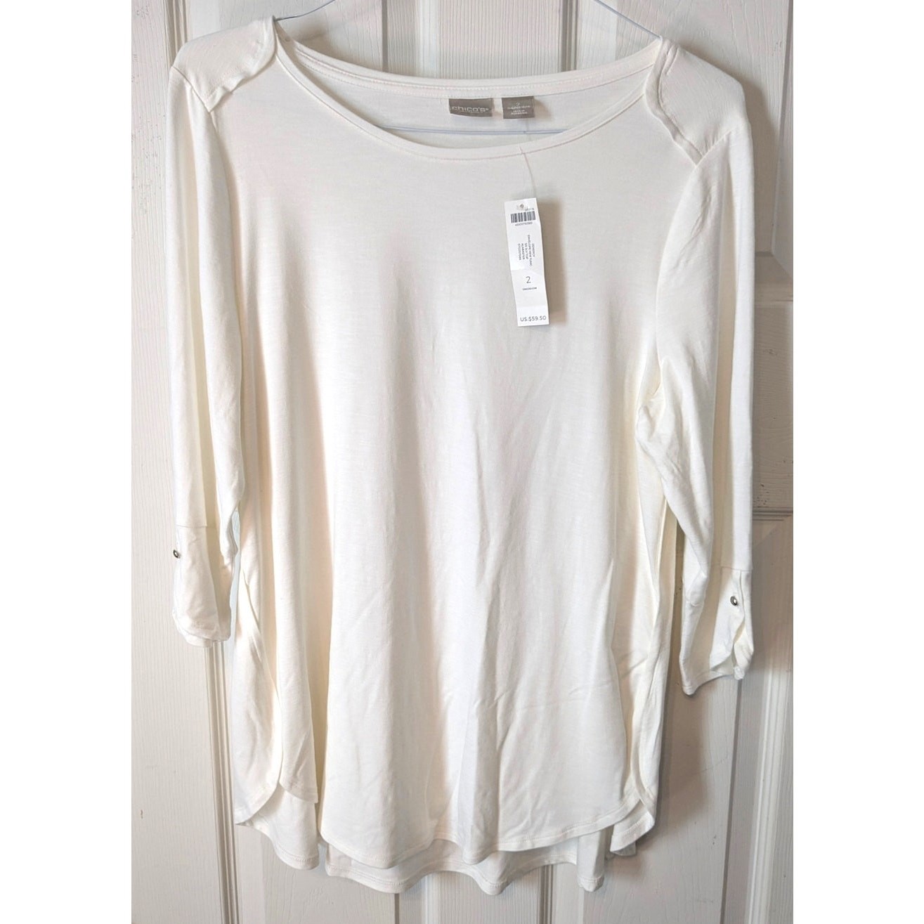 NEW Chico’s Zenergy Alabaster White 3/4 Sleeve Bateau Neckline 2 Large Shirt Top