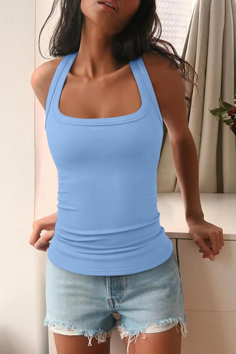 Womens Square Neck Racerback Tank Top Summer Going Out Workout