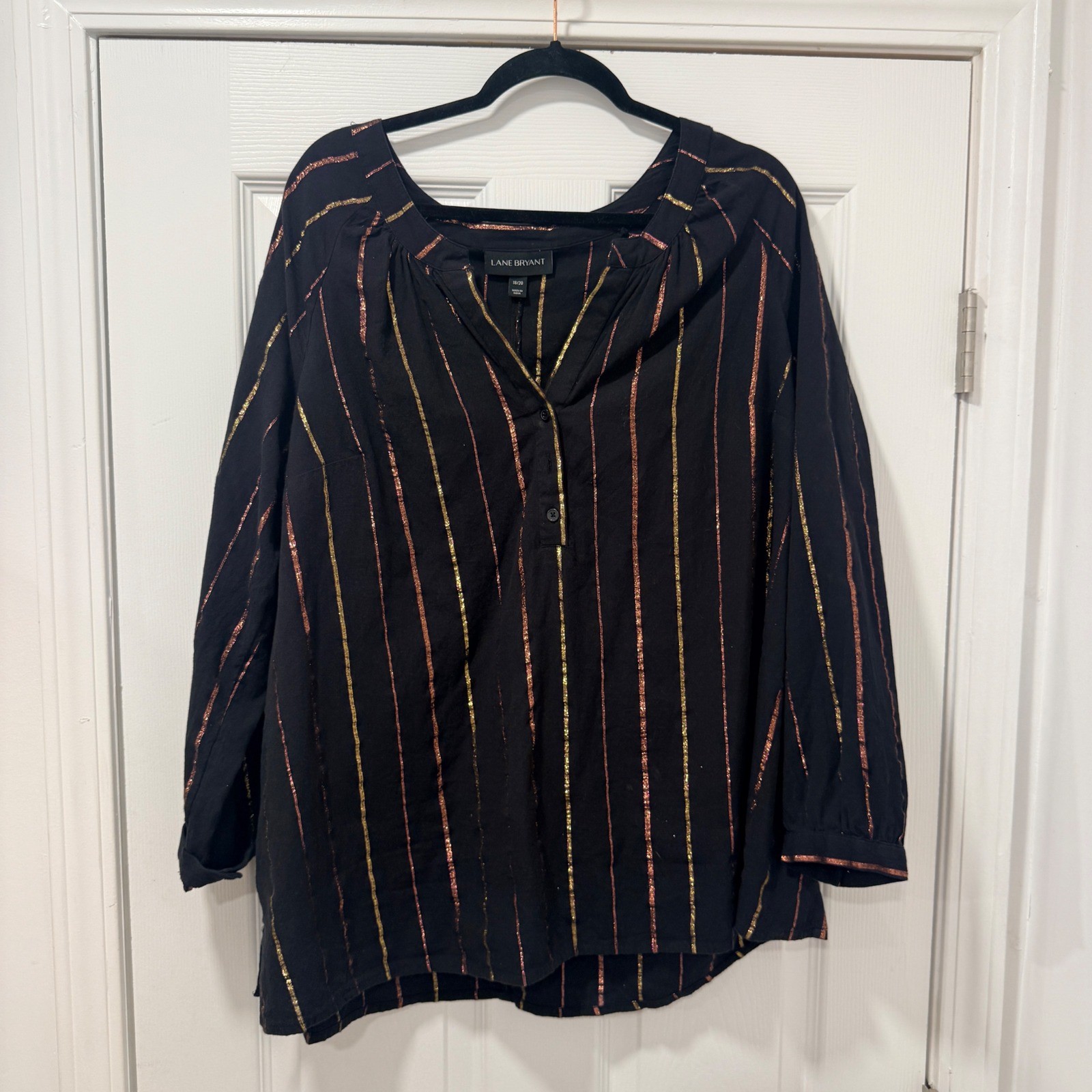 Lane Bryant Black Metallic Gold Copper Stripe Henley Tunic Blouse 18/20 629311