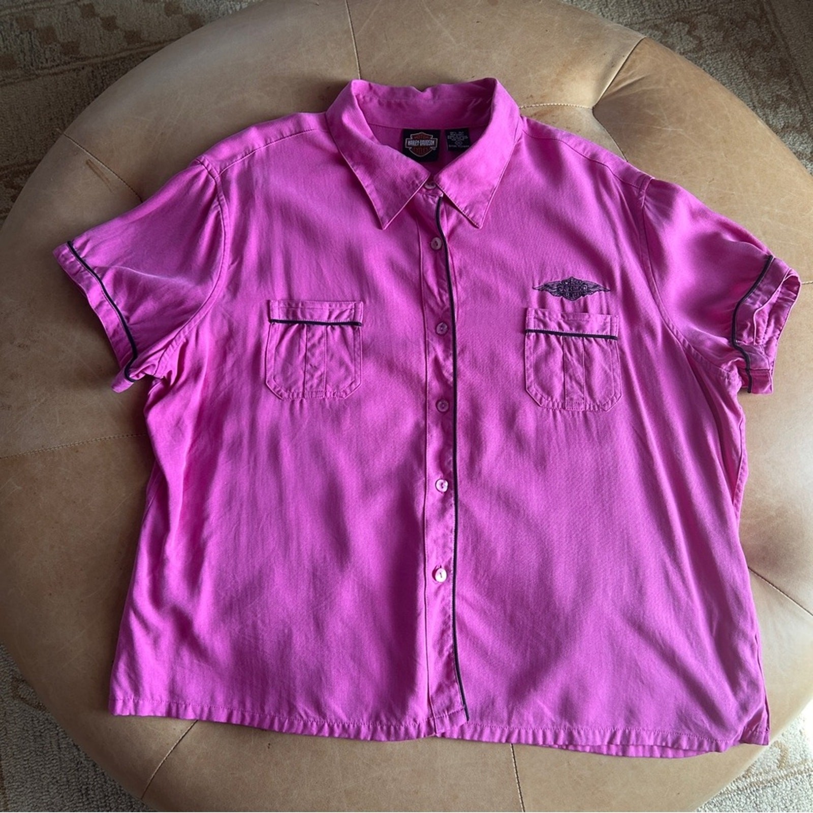 Harley Davidson x Tori Richard Womens 2XL 100% Silk Barbie Pink Button Biker Top