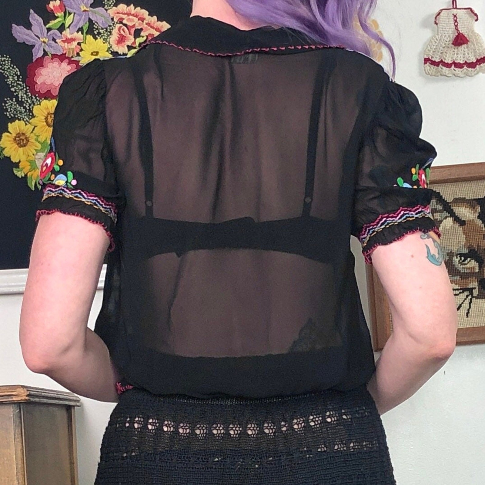 Vintage Embroidered Peasant Blouse, 1970s Sheer Black Rayon Georgette Top, XS-S