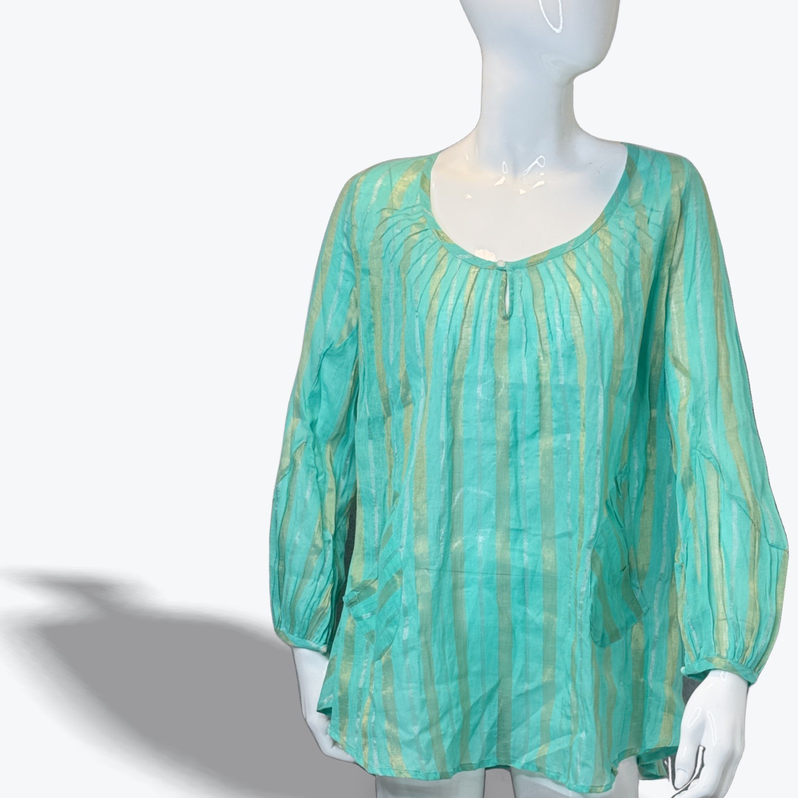 Echo Beach Cover Top Pockets Turquoise Gold Metallic Striped Tunic Womens Small