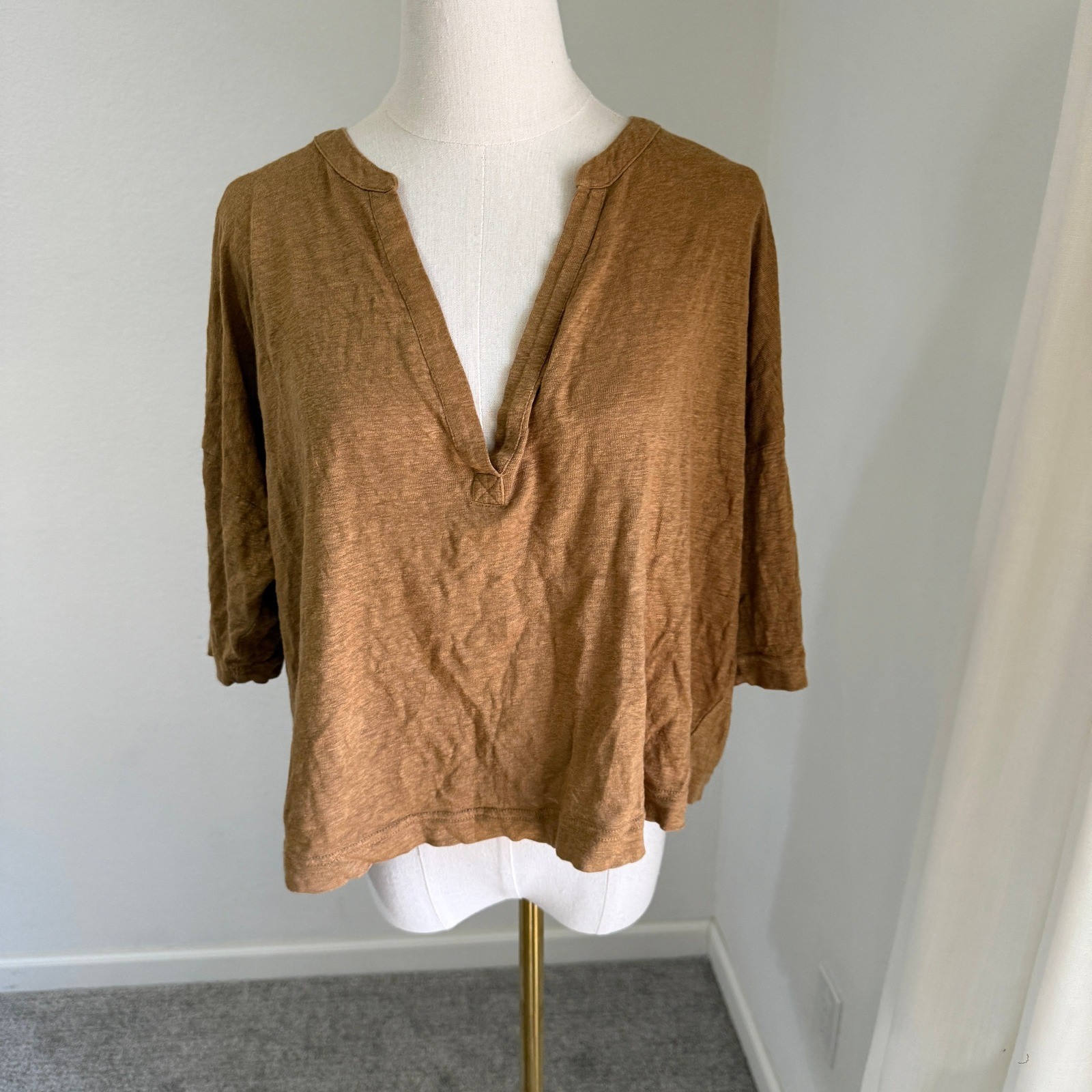 Boden 100% Linen V-Neck Boxy Relaxed Top Camel Sz 12 French Coastal Earthy Comfy
