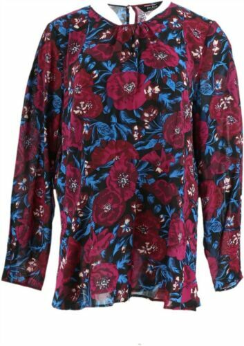 Du Jour Long-Sleeve Floral Printed Woven Top with Seaming Detail-Purple Multi-XS