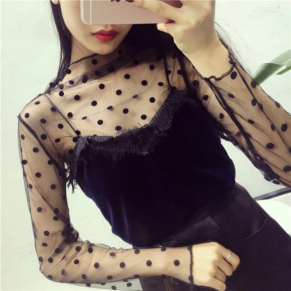 Mesh Sheer Floral Lace Top Women Long Sleeve See Through Sunscreen Blouse