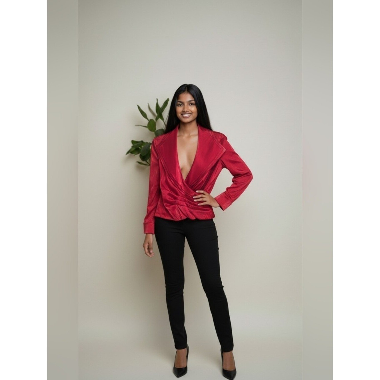 Cachet Red Velvet Look Wrap Blouse Draped Ruched Front Long Sleeve Dressy Top