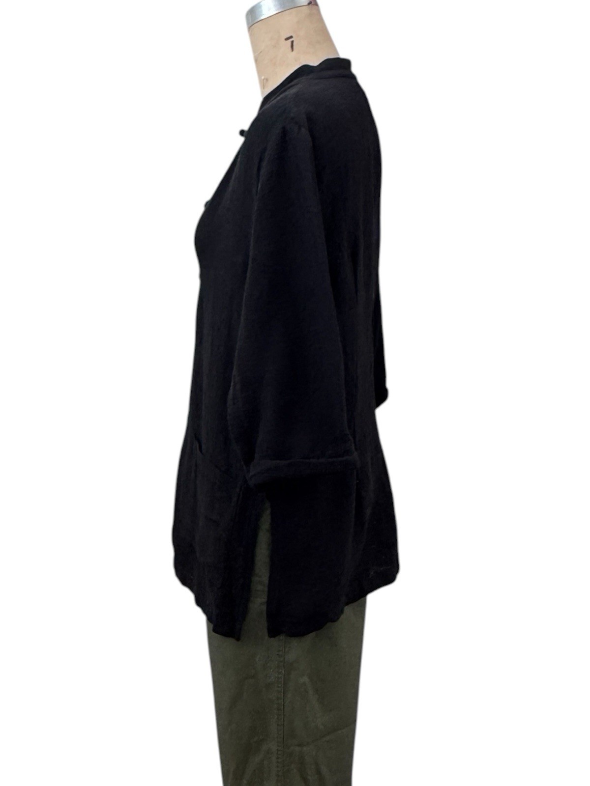 Eileen Fisher Shirt Sz L Mandarin Frog Closure Cotton Lagenlook Luxury Black