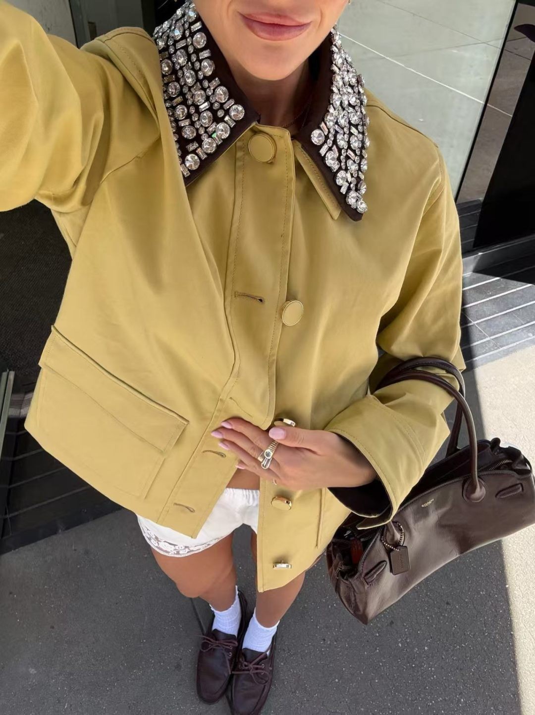 Women Veronica Beard Cotton Beaded Single-breasted Coat Top