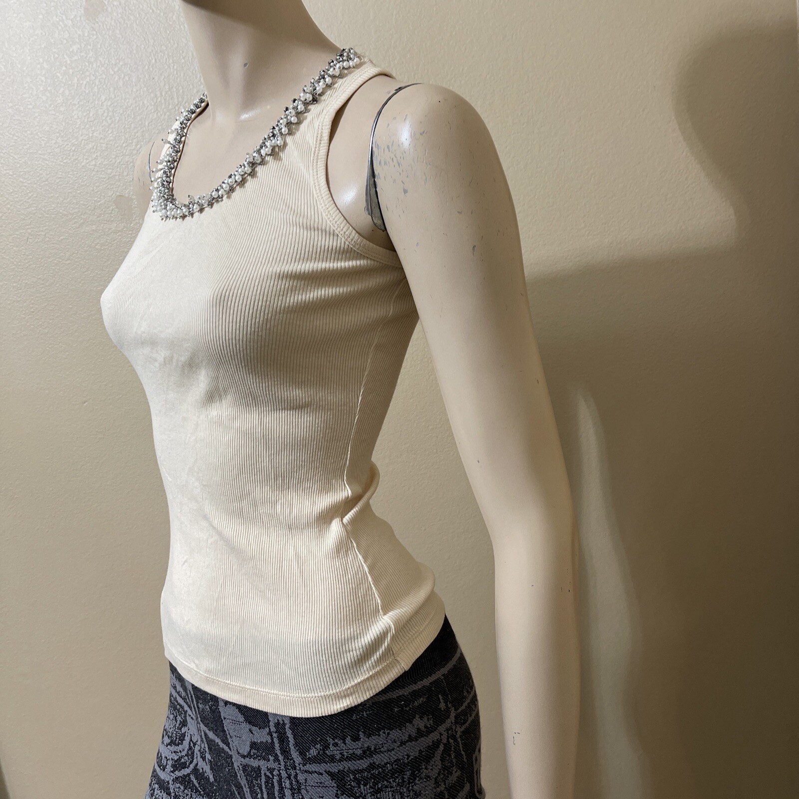 Women’s Ivory Cotton Casual Summer Open Stretch Slim Beaded Size S Blouse Top
