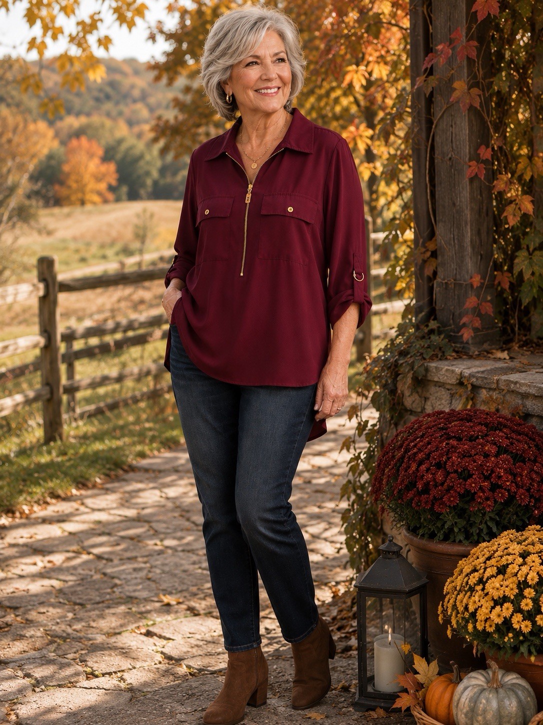 Michael Kors Burgundy Solid Collared Half Zip Blouse w/ Chest Pockets Size M