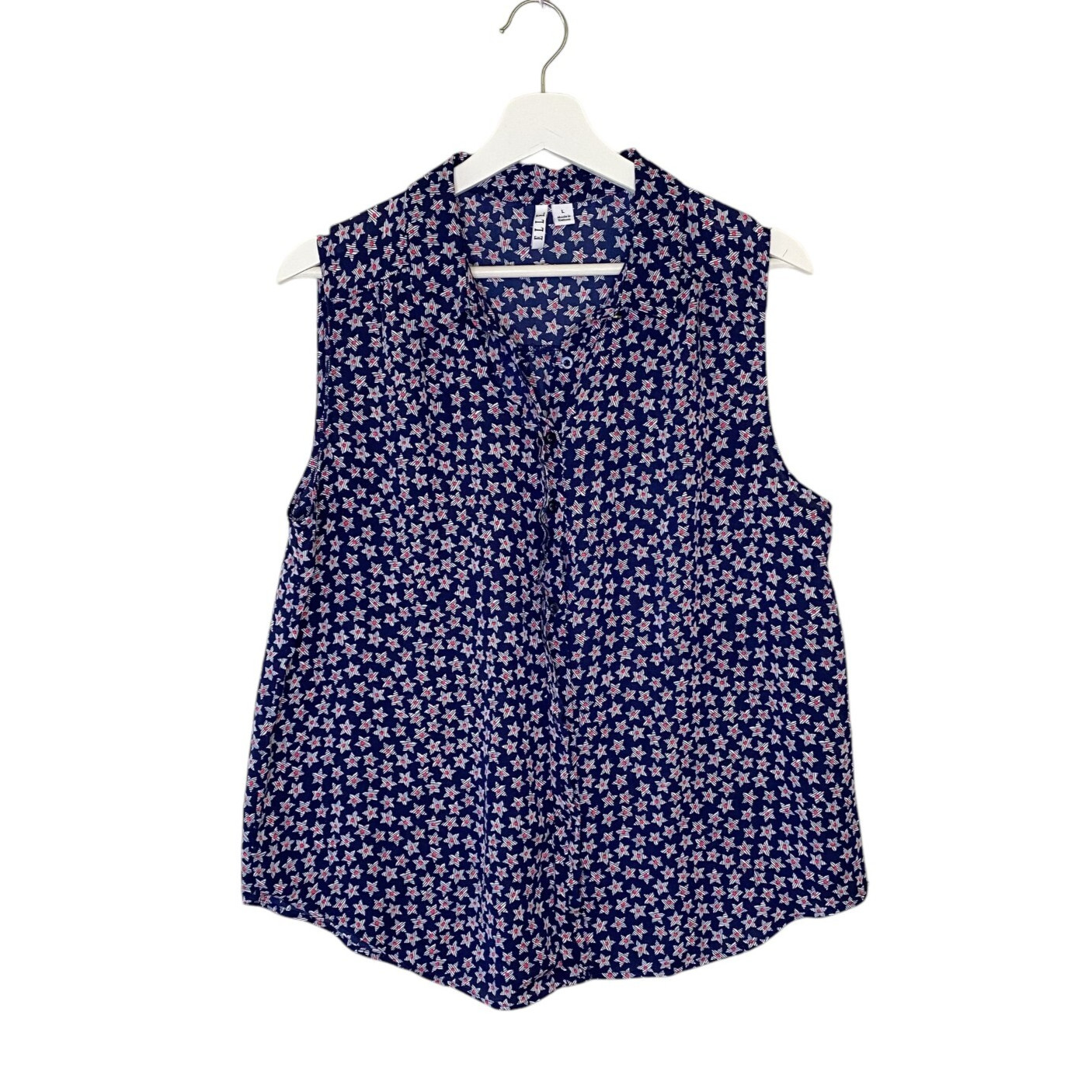 ELLE Blouse Womens Large Blue Red White Patriotic Star Sleeveless Button Front
